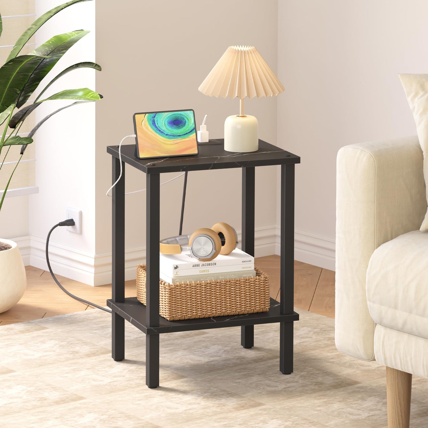 TUTOTAK End Table with Charging Station, Small Side Table, Nightstand Bedside Table, 2-Tier Storage Shelf for Small Space, Living Room, Bedroom, Marble Black TB01BMK040