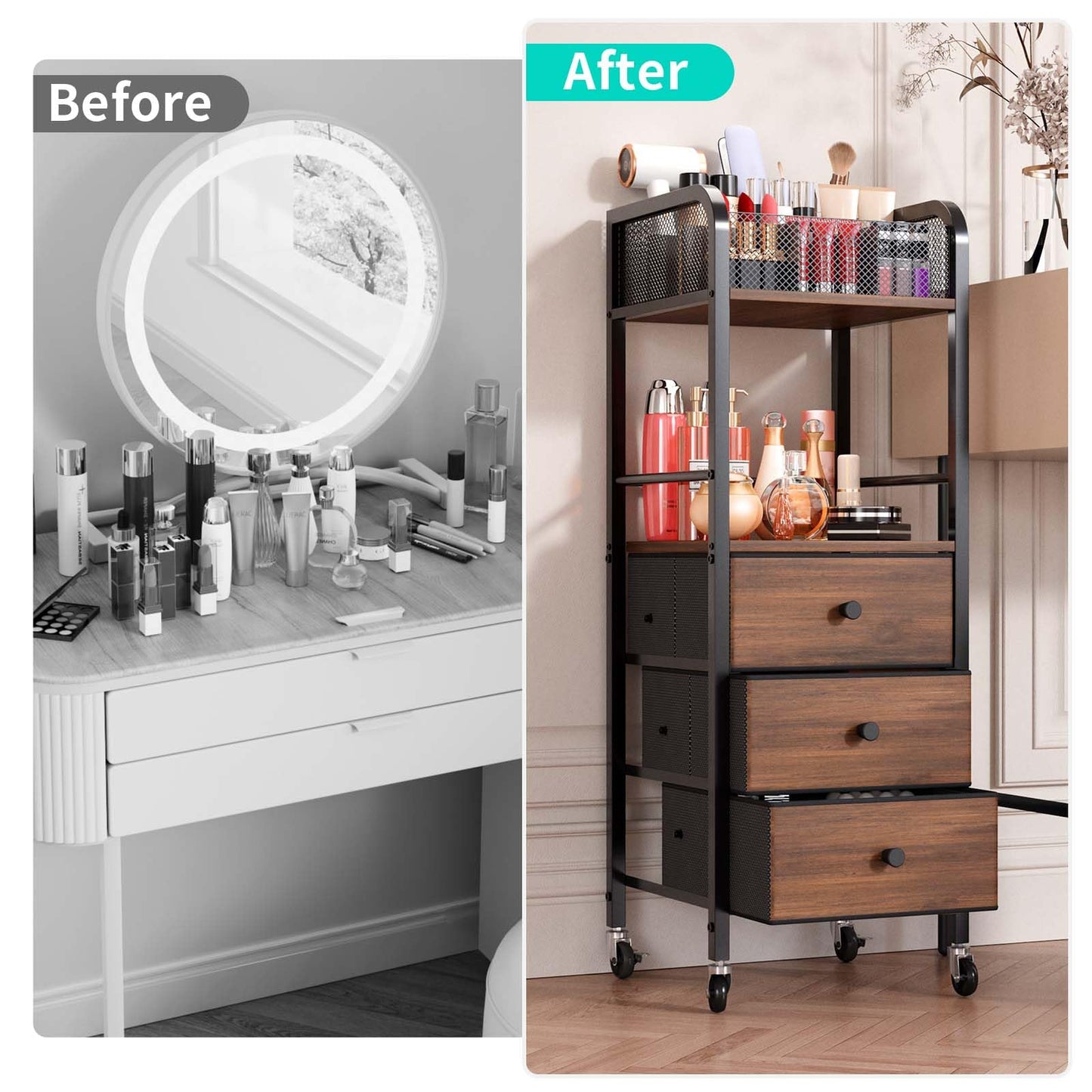 HapiRm Rolling Makeup Cart Organizer - Floor Skincare Make Up Storage with 3 Non-woven Fabric Drawers, Vanity Organizer Cosmetic Display Cases Holder for Skin Care Perfume Nail Polish Brush Hair Tool