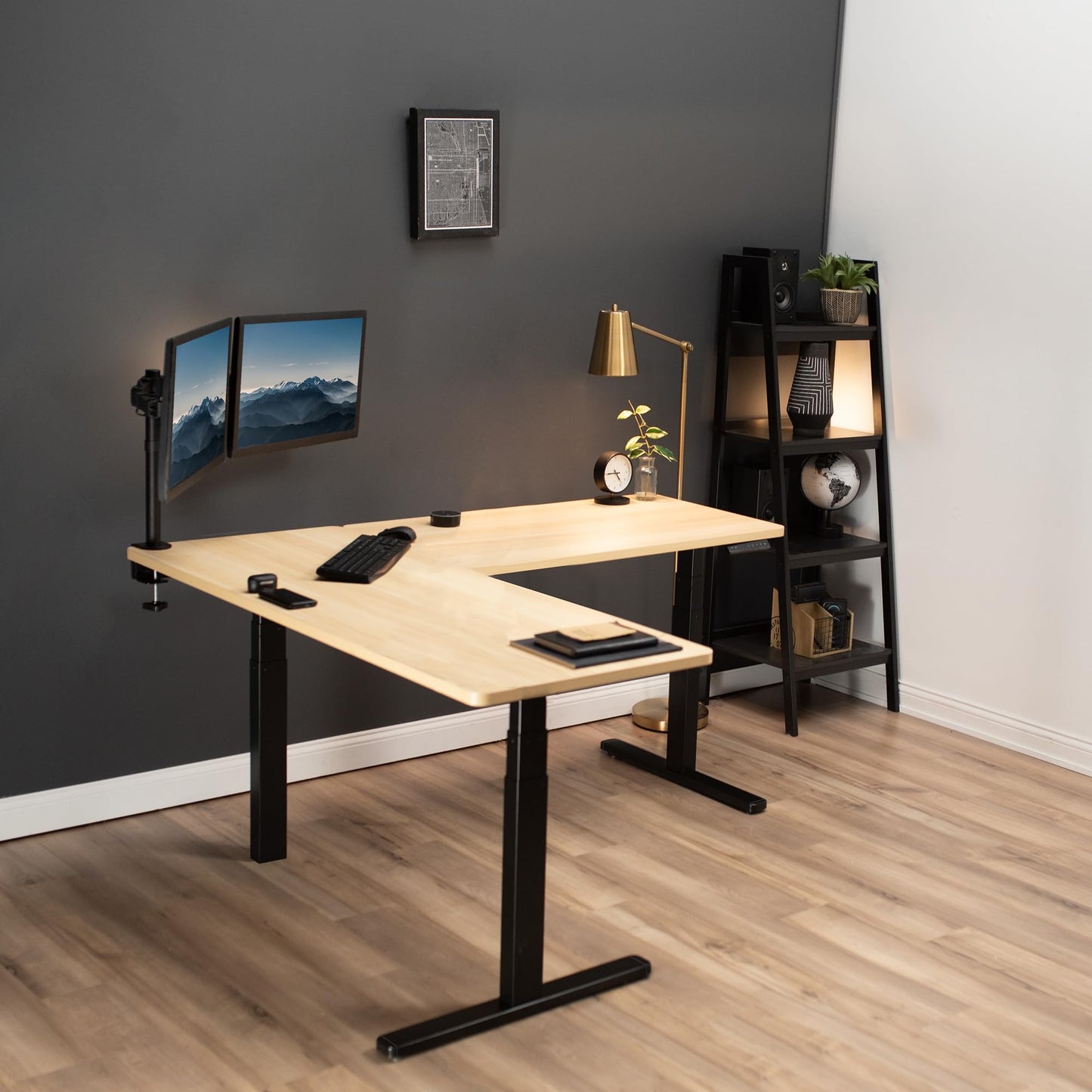 VIVO Electric Height Adjustable 67 x 60 inch Corner Stand Up Desk, 2 Light Wood Solid Table Tops, Black Frame, Memory Controller, L-Shaped Workstation, 3E Series, DESK-KIT-3E6BC