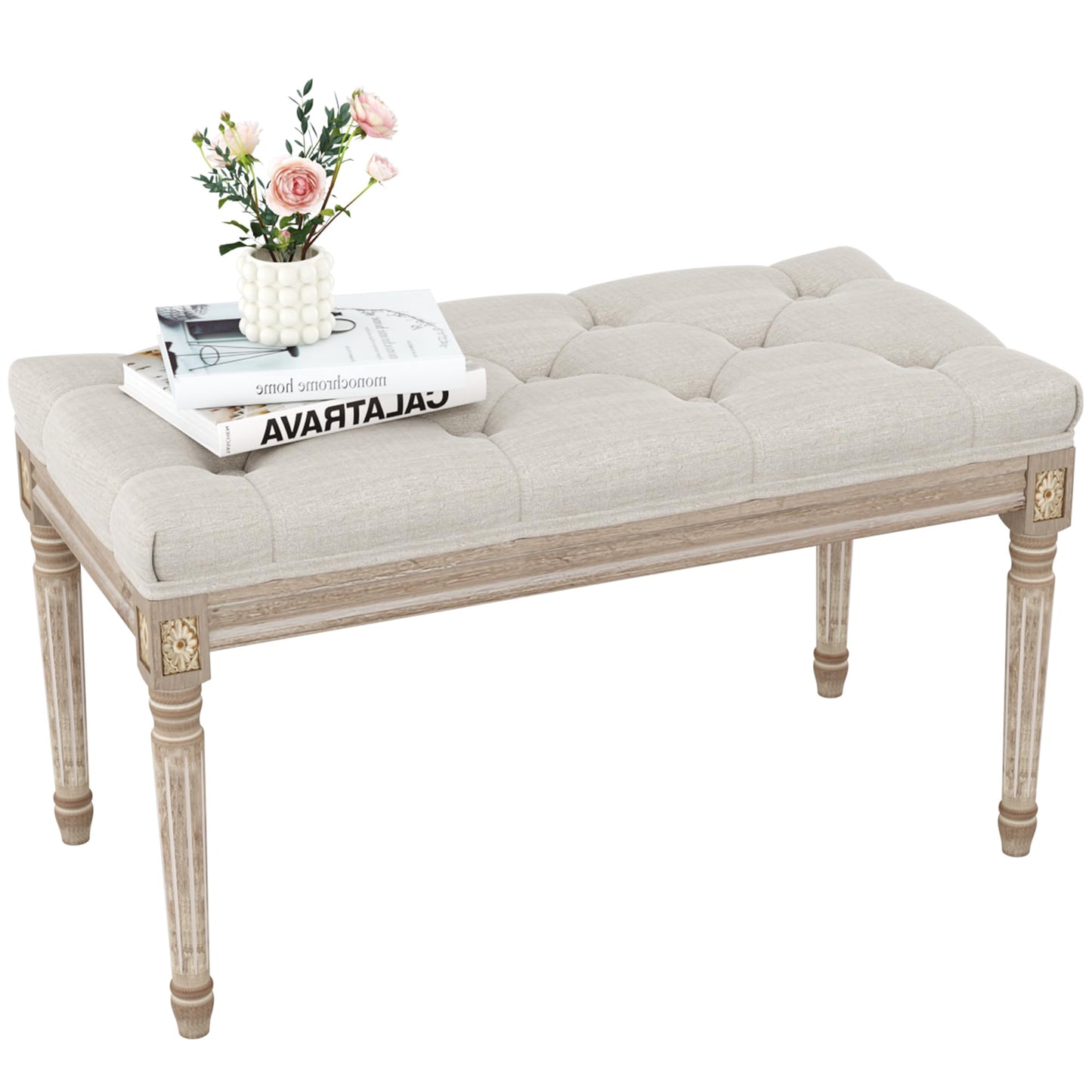 Yusong Upholstered Bench, Bedroom Bench for End of Bed, Piano Bench with Button Tufted Padded Seat for Living Room, Dining, Entryway, Shoe, Vanity Foot-Stool with Carved Wood Legs, Beige
