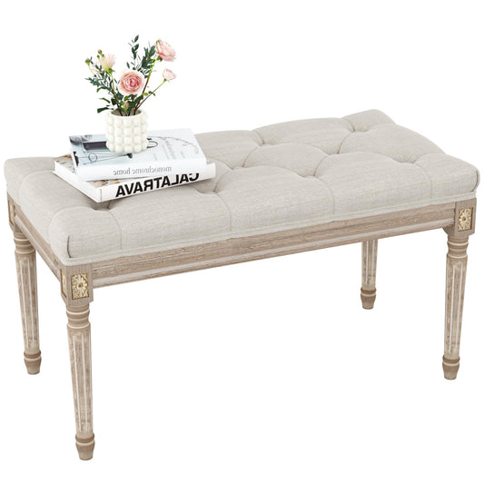 Yusong Upholstered Bench, Bedroom Bench for End of Bed, Piano Bench with Button Tufted Padded Seat for Living Room, Dining, Entryway, Shoe, Vanity Foot-Stool with Carved Wood Legs, Beige