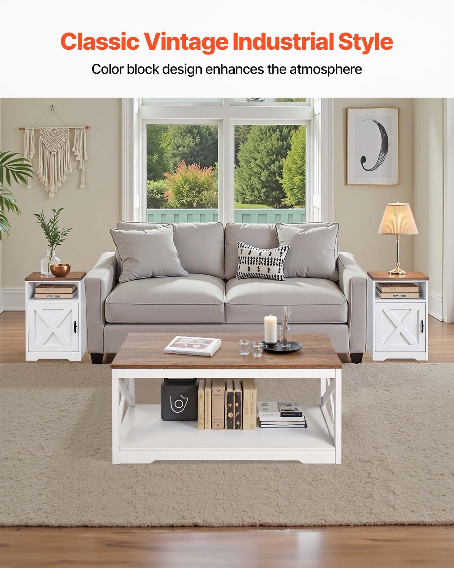 VEVOR 3 Pieces Farmhouse Coffee Table Sets, 40 Inch Industrial Coffee Table with 2 End Tables, Easy Assembly Coffee and Side Tables Sets with Charging Station, for Office, Living Room & Apartment