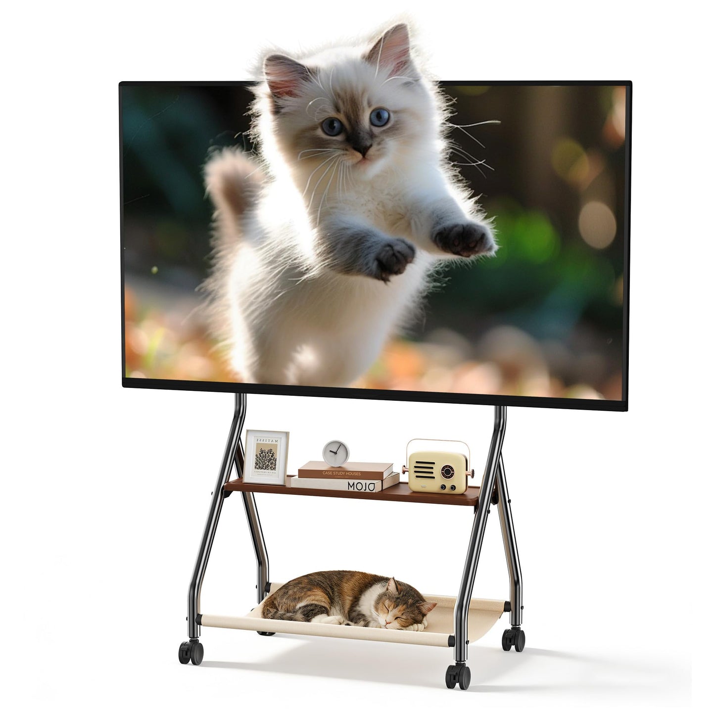 Rolling TV Stand with Cat Hammock for 32–75 Inch LCD LED Flat Curved Screens up to 132 lbs, Mobile TV Cart with Removable Pet Bed, Floor TV Stand with Wheels and Shelves for Living Room (Black)
