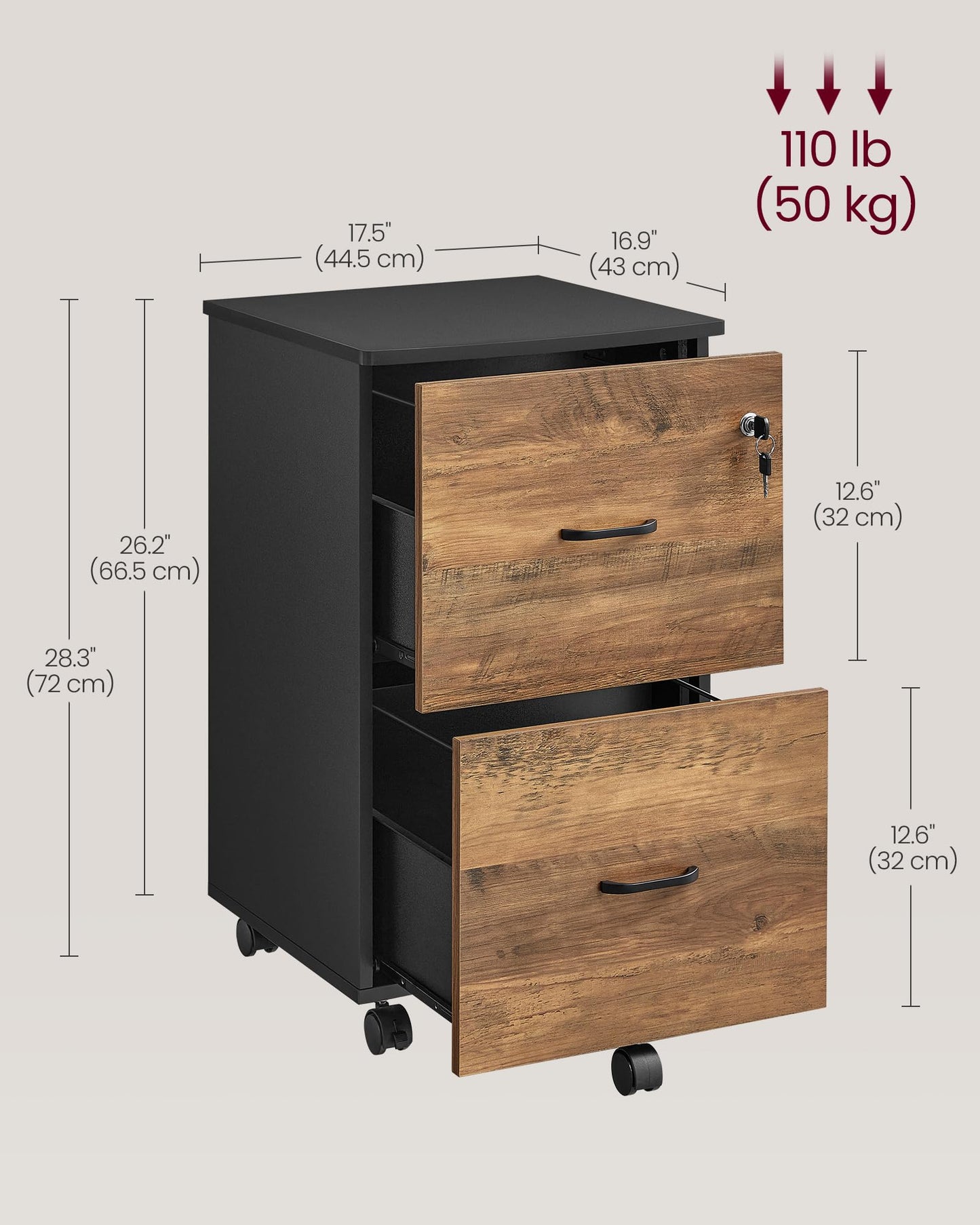 VASAGLE Custos Collection - 2-Drawer File Cabinet, Locking Filing Cabinet for Home Office, Small Rolling Printer Stand, A4, Letter-Size Hanging Files, Assembly Required, Earthy Warm Brown ULCD027B01