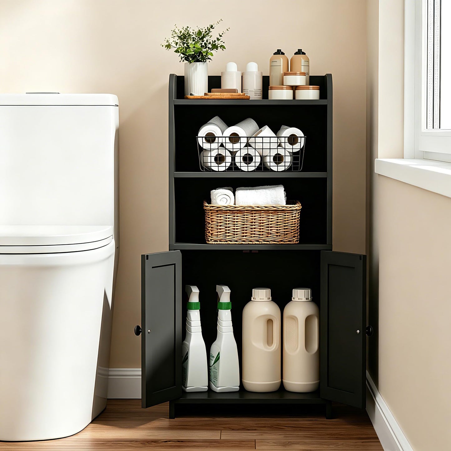 Cerlyunzan Small Bathroom Storage Cabinet, Freestanding Bathroom Cabinet and Organizer with Shelves, Small Cabinet with Doors for Bathroom, Laundry Room, 7.9" D x 14.6" W x 31" H, Black