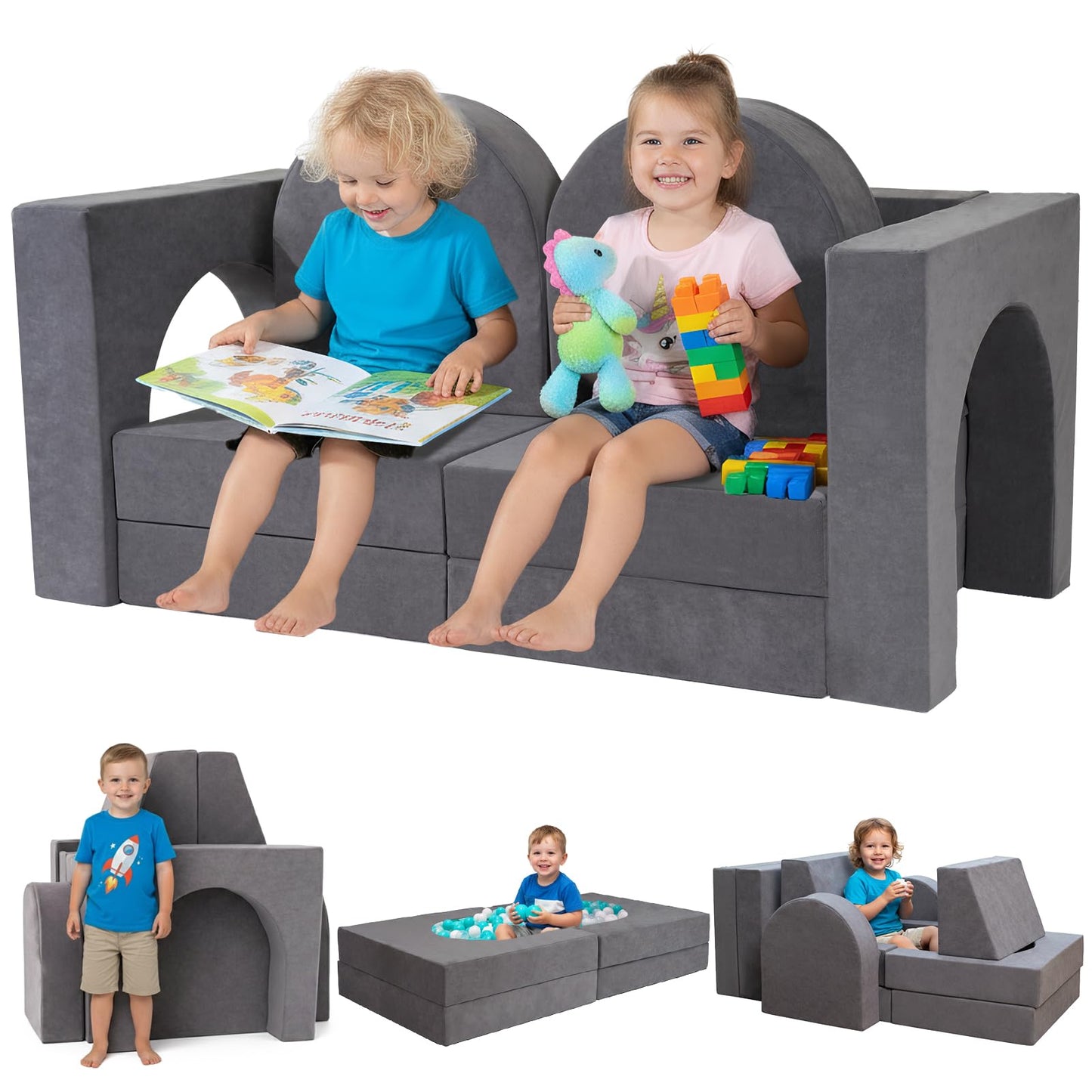 Fvkind 10 Pcs Modular Kids Play Couch, Multifunctional Foam Kids Couch for Playroom, Convertible Sectional Toddler Sofa for Boys and Girls, Toddler Sofa with Premium Foam and Washable Cover, Grey
