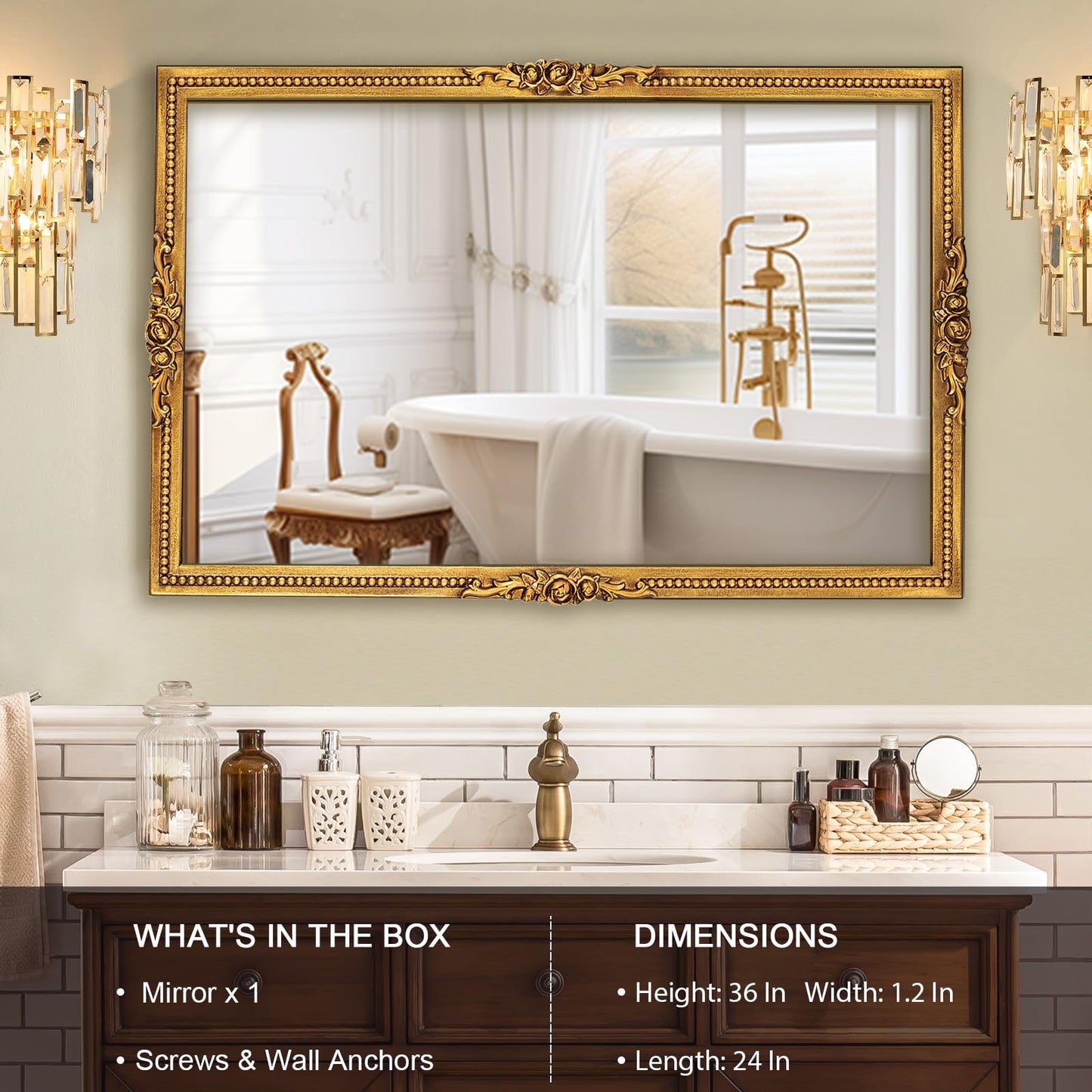 Varsoul Antiqued Gold Wall Mirror with Beaded Frame – 24 * 36in Traditional & Flourish Baroque Ornate Rectangle Mirror for Over Fireplace/Entryway Vanity, Living Room or Event – Home Décor