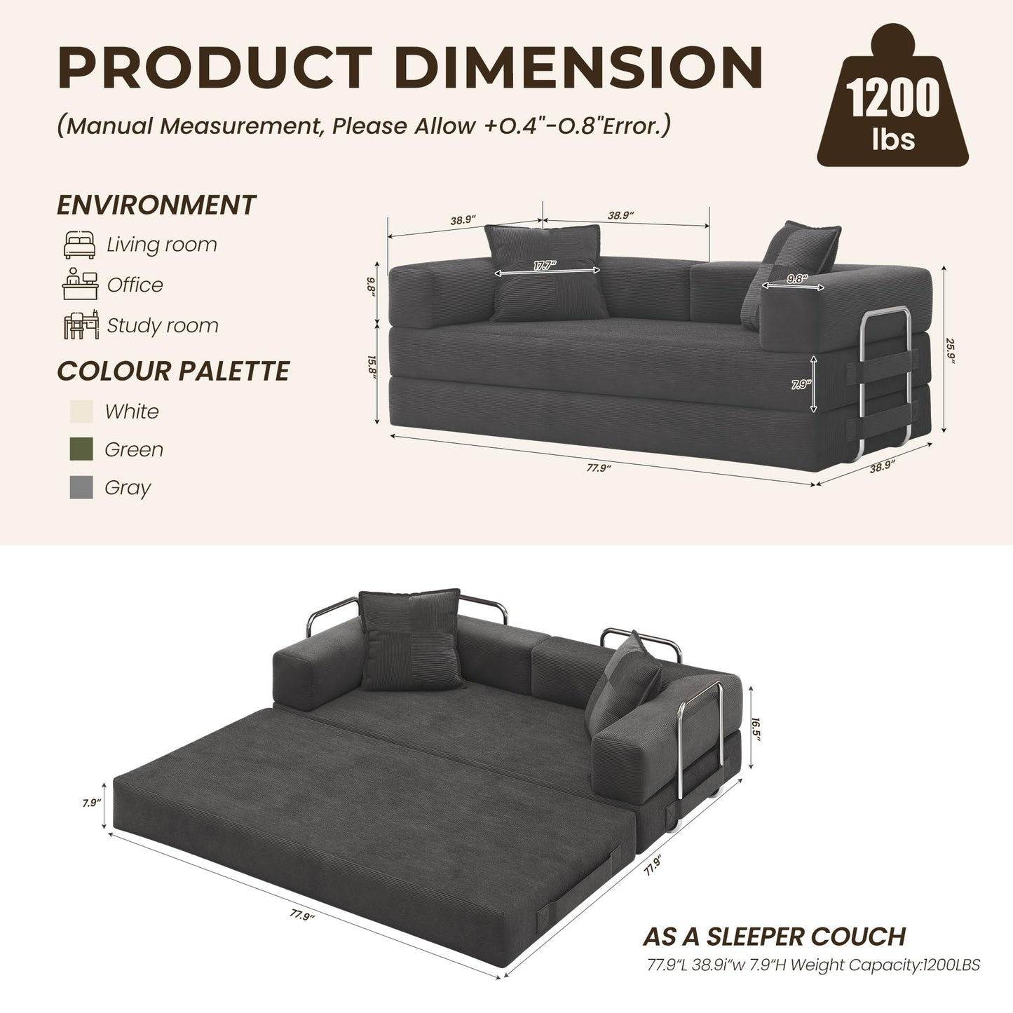 GRUSIGN 78 Inch Convertible Sofa Bed, 5-in-1 Futon Sofa Bed Pull Out Couch, Boneless Couch Bed for Living Room, Corduroy Boneless Couches for Bedroom, Apartment, No Assembly Sleeper Sofa Bed, Gray