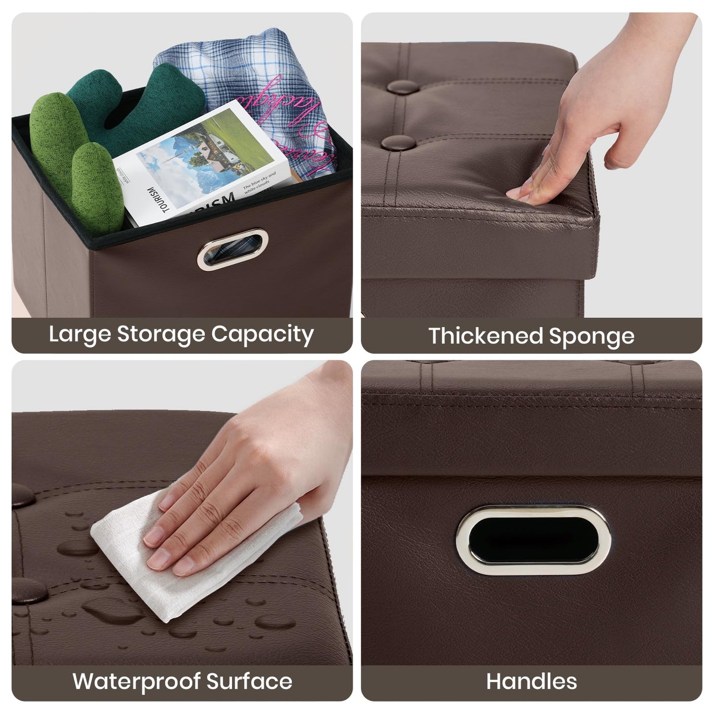 COSYLAND Ottoman with Storage Folding Leather Ottoman Footrest Foot Stool Brown Ottoman for Rooms Small Rectangle Collapsible Bench Furniture with Handles Lid 17x13x13in