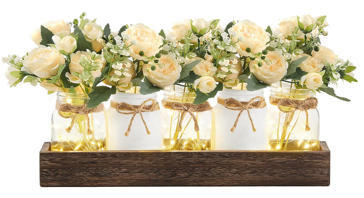 Mkono Mason Jar Lights Centerpiece Table Decor for Dining Room Farmhouse Wood Tray with Flowers Valentines Day Decoration for Coffee Table Kitchen Living Room Wedding