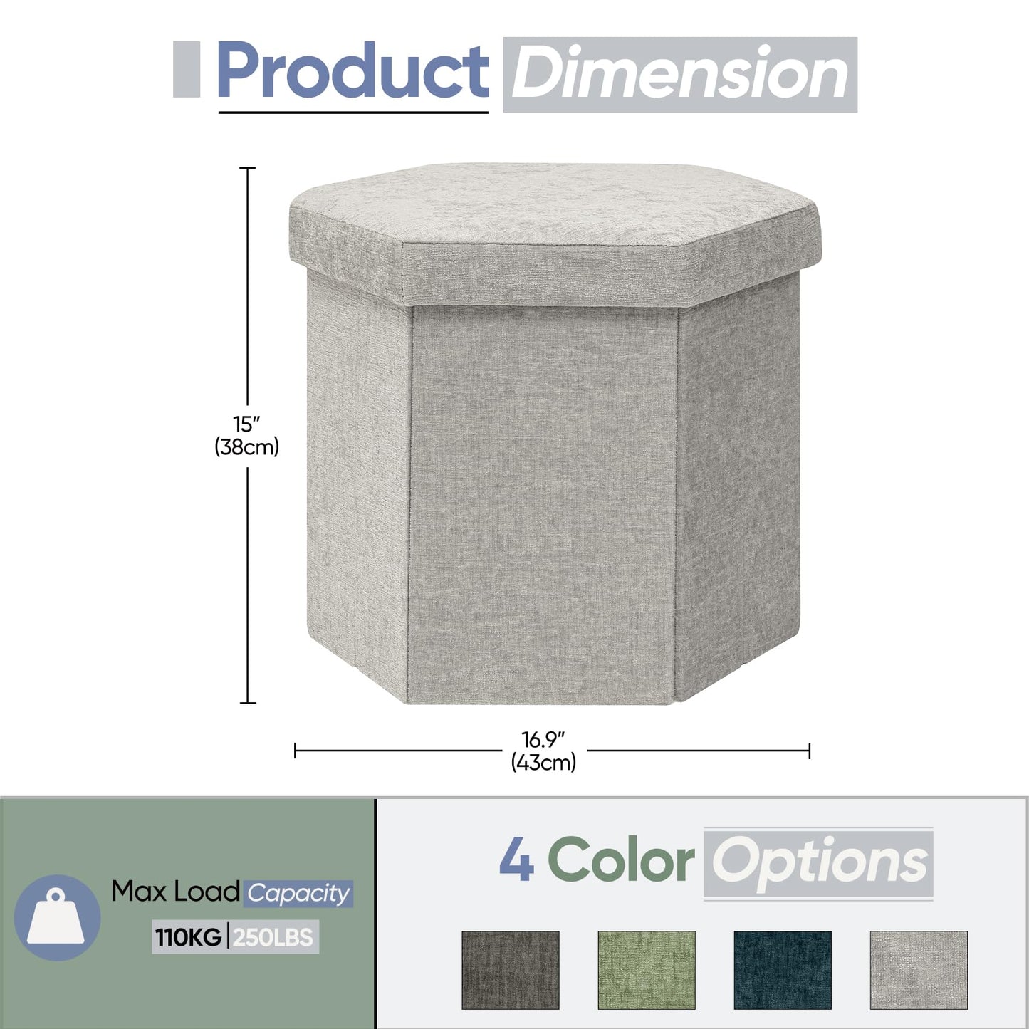 ZOLANOful Hexagon Storage Ottoman, Foldable Chenille FootRest with Hidden Storage, Small Ottoman Footstool for Living Room, Bedroom, Dorm, Entryway, 15 x 16.9 x 15 Inches, White