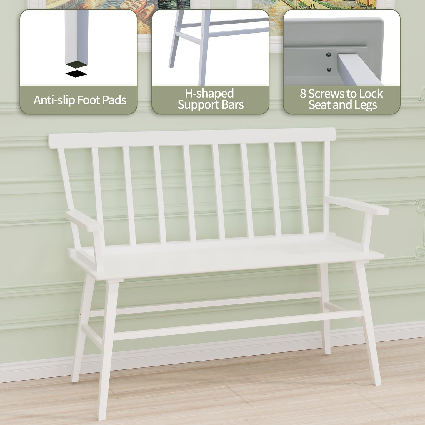 APRTAT Bamboo Entryway Bench, Farmhouse Dining Bench with Spindle Back & Armrest 3 Person Indoor Bench Chair Wood Windsor Bench Durable Easy Assembly for Foyer Balcony Hallway Living Room (White)