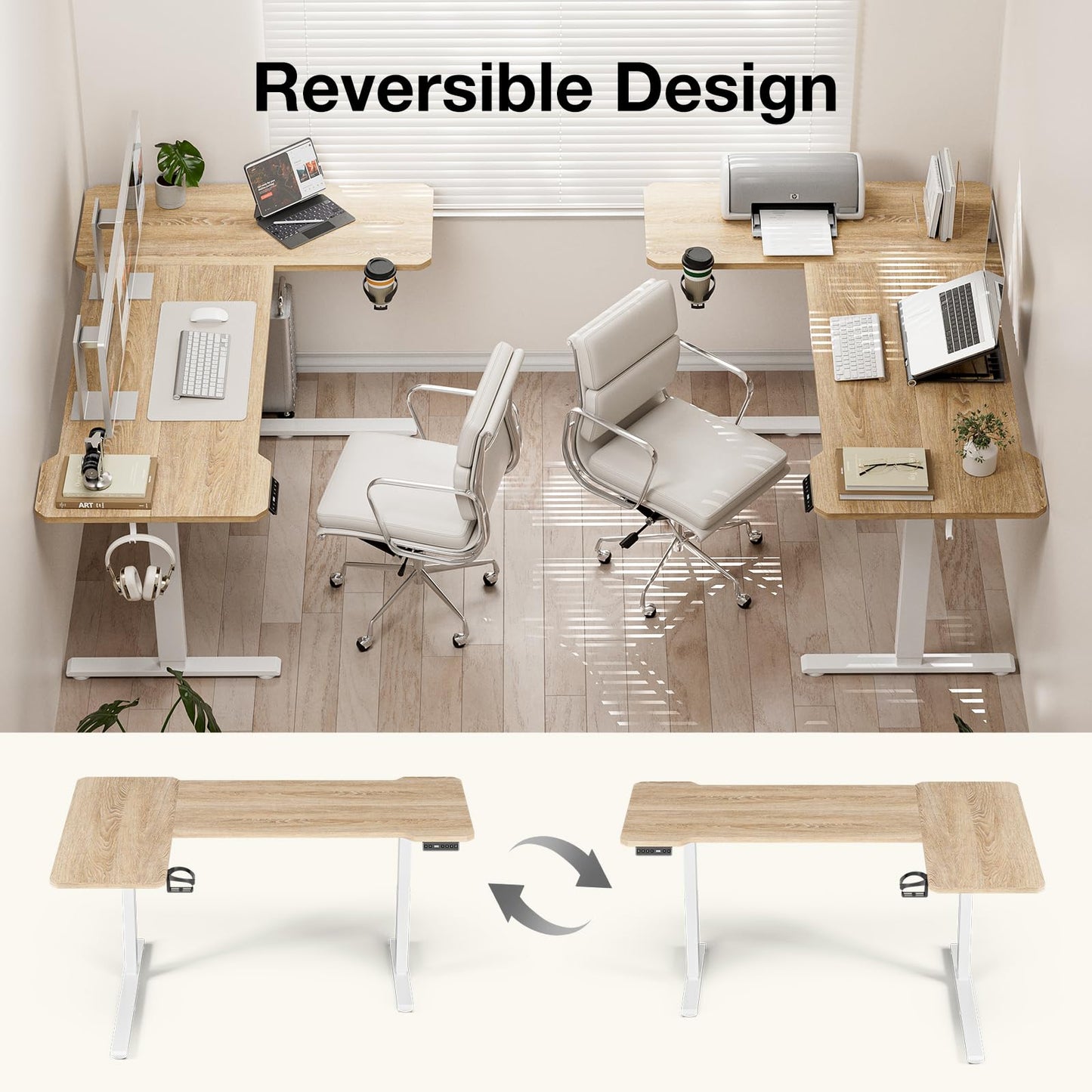 Acrolix L Shaped Electric Standing Desk - 51x31.5 Inch Reversible Corner Sit Stand Desk with Hook&Cup Holder,Electric Height Adjustable Table,for Small Home Office&Bedroom Computer Desk, Oak