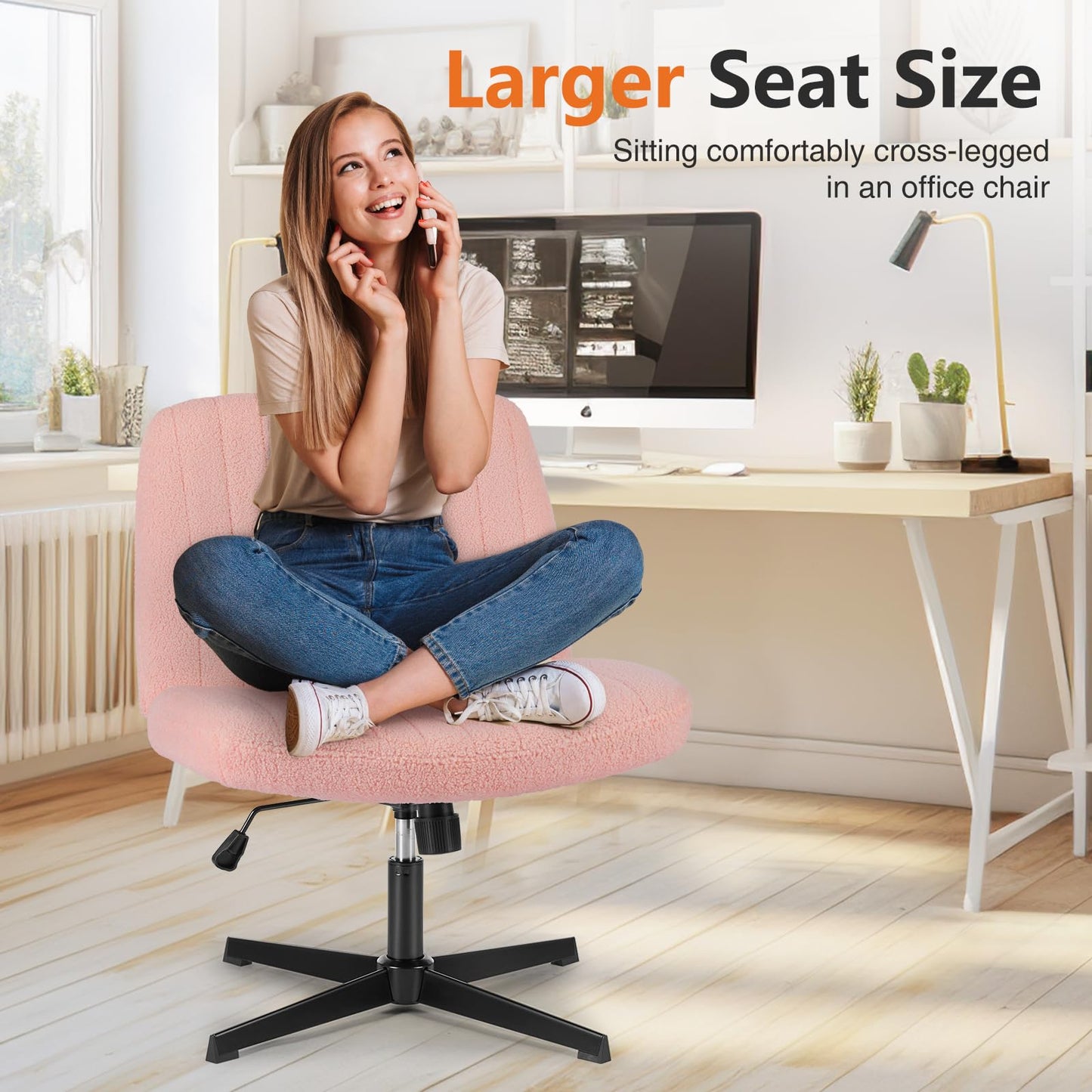 Sweetcrispy Criss Cross Chair Legged, Furry Armless Office Swivel Desk Chairs No Wheels, Vanity Height Adjustable Wide Seat Comfy Cute Computer Task Chair for Home Bedroom, Teddy Pink