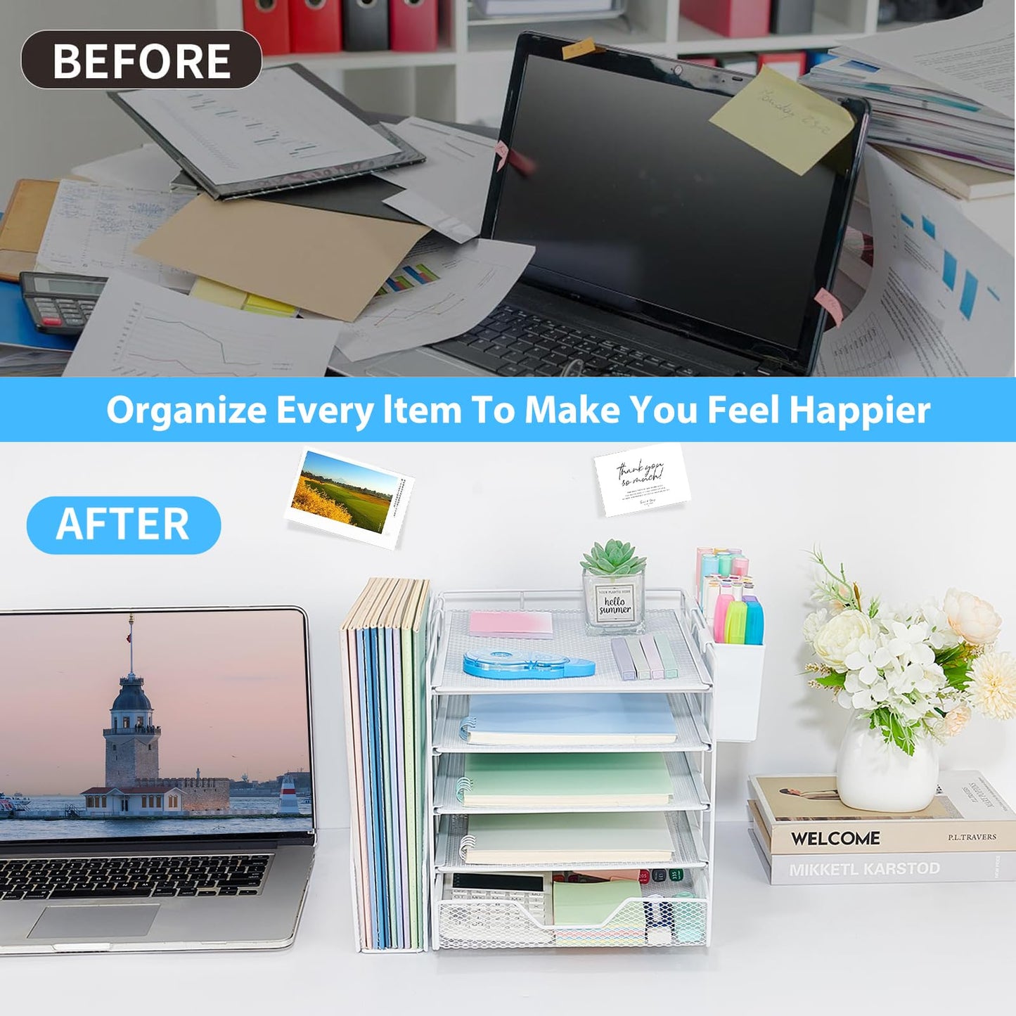 Gugsey Desk Organizers and Accessories, 5-Tier Paper Letter Tray Organizer with File Holder, Drawer & Pen Holder, Office Desk Accessories, Desktop Organizer for Classroom Office Supplies, White