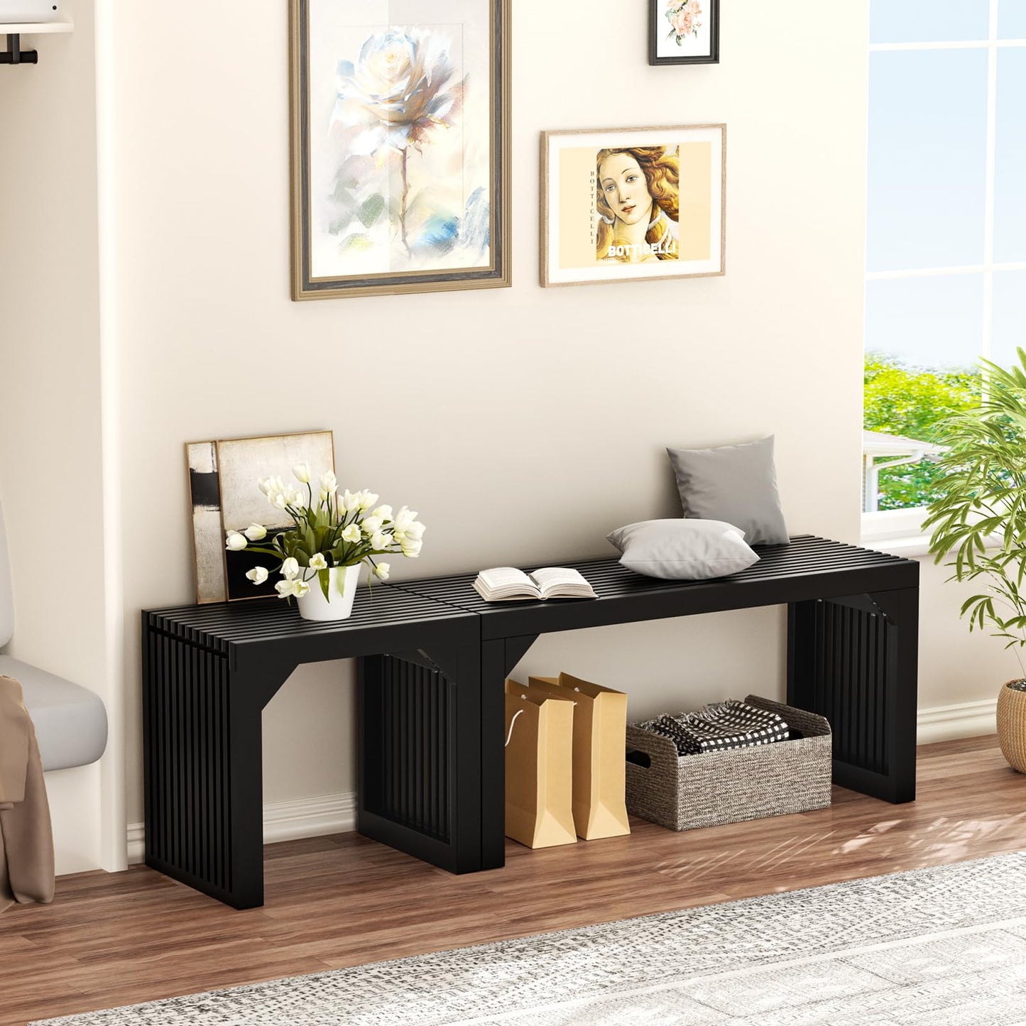 MODCART 35" Solid Wood Bench, Black Entryway Bench with Storage, Modern Shoe Bench, Narrow Bench for Entryway, Living Room, Kitchen