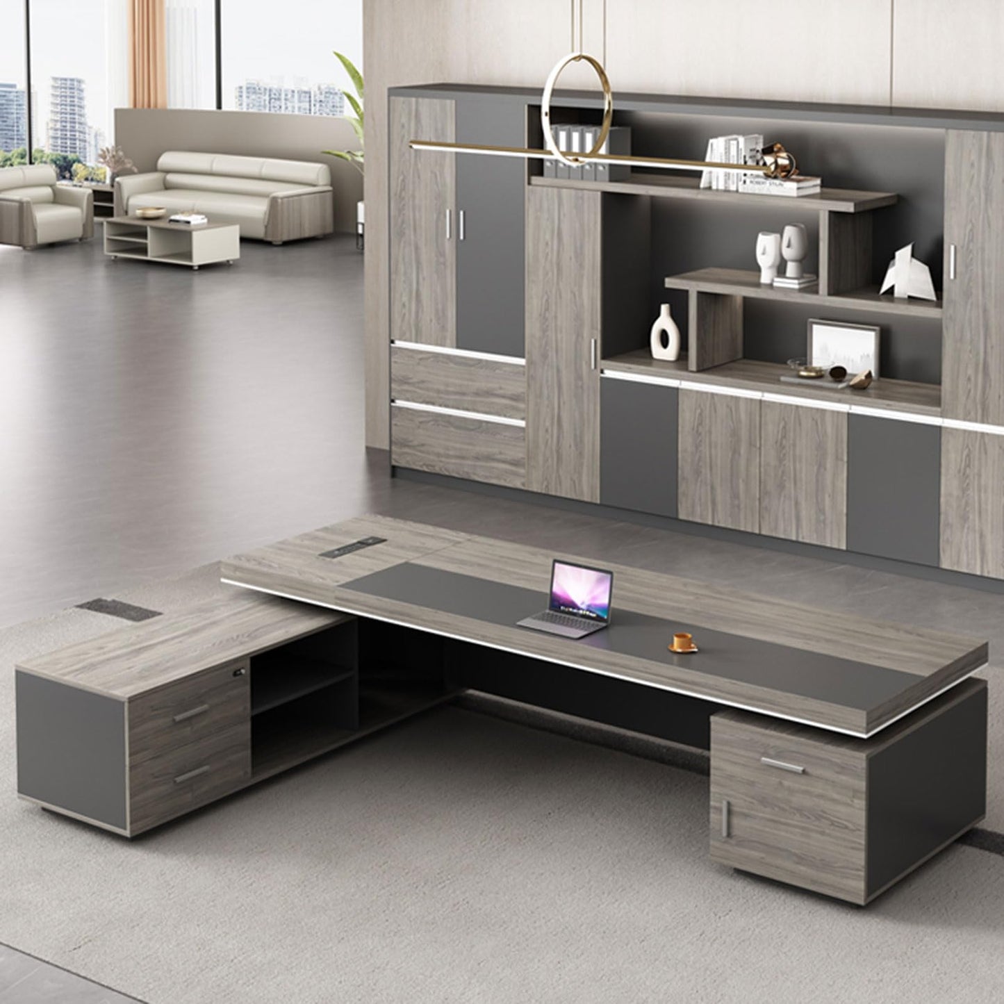 LSIGHTUS L-Shaped Executive Office Desk for CEO Boss Manager with Storage Cabinet, Modern Business Furniture Desk Workstation for Home Office