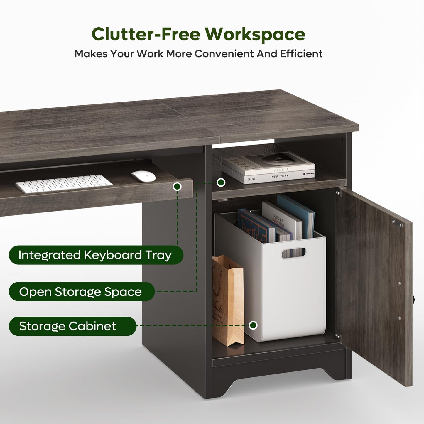 Bestier Office Desk with Keyboard Tray, Industrial Computer Desk with Storage, Reversible Executive Desk with File Cabinet for Home Office Bedroom, 47 inch Grey