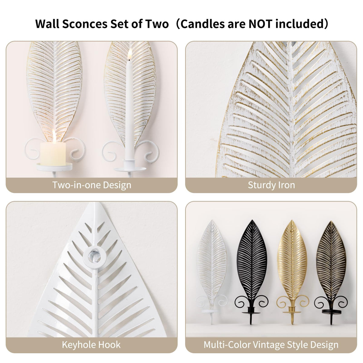 Wall Candle Holder Set of 2, Taper & Pillar Wall Iron Candelabra, Rustic Candle Holders Wall Décor Farmhouse Candle Sconces for Living Room Farmhouse Fireplace Wedding Washed Brown(Distressed White)