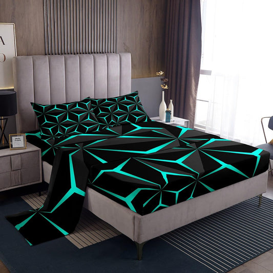 Feelyou Neon Honeycomb Sheet Set Twin Size,Geometric Stereoscopic Theme Teens Boys Bedding Set,Adults Bedroom Decoration 3D Teal Print Fitted Sheet All Season