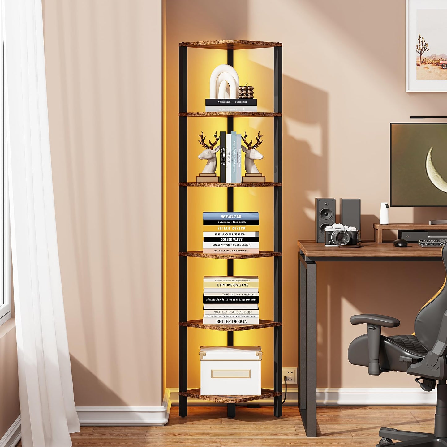 TUTOTAK Corner Shelf with LED Light, 6-Tier Corner Bookshelf for Small Space, Narrow Display Corner Shelf Stand with Storage Rack, for Living Room, Bedroom, Rustic Brown BS08BB006L