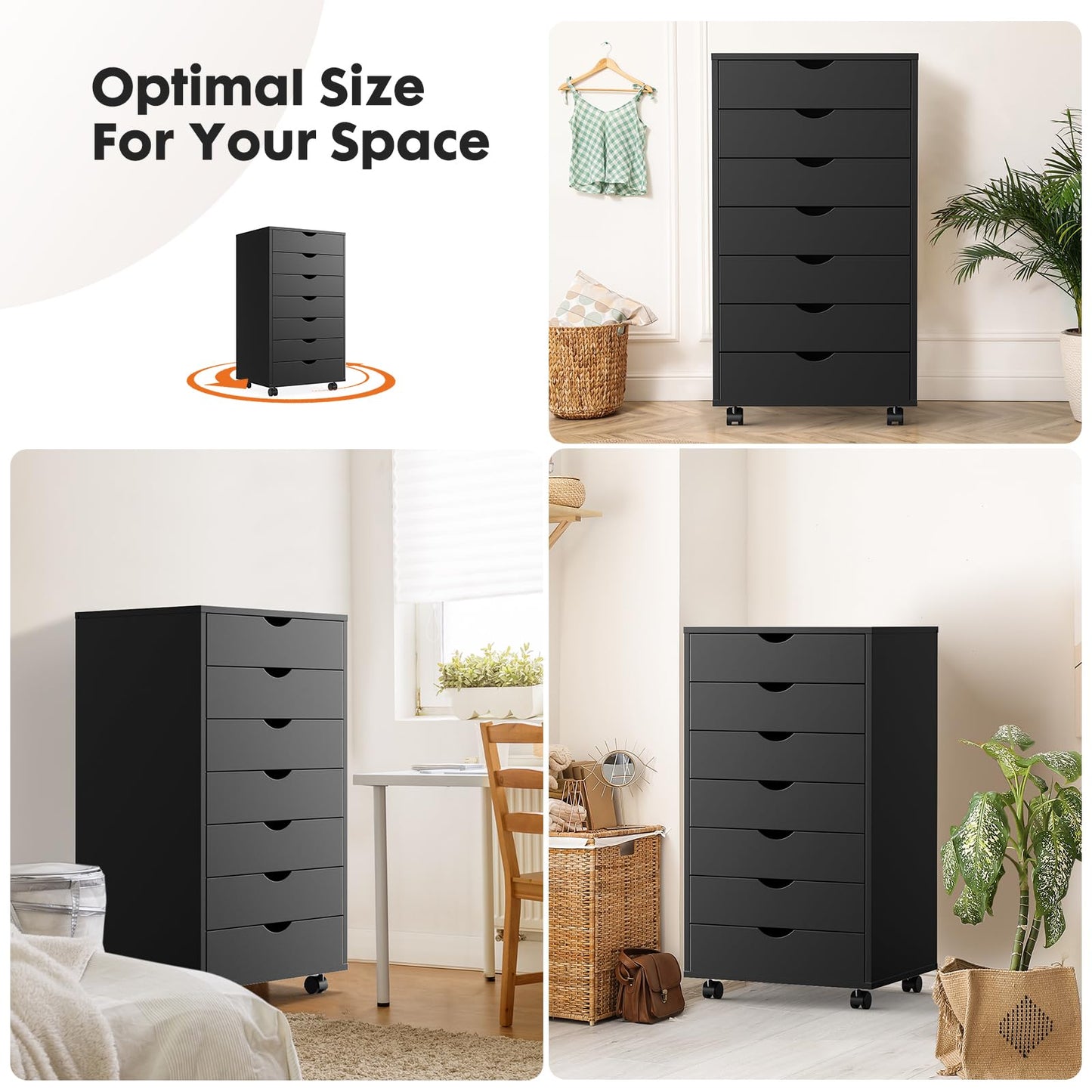 OLIXIS 7 Drawer Mobile File Cabinet Under Desk Storage Organization with Wheels Vertical Filing Chest Rolling Wood Small Desk Printer Stand for Home Office, 15.75"D x 18.74"W x 34.25"H, Black
