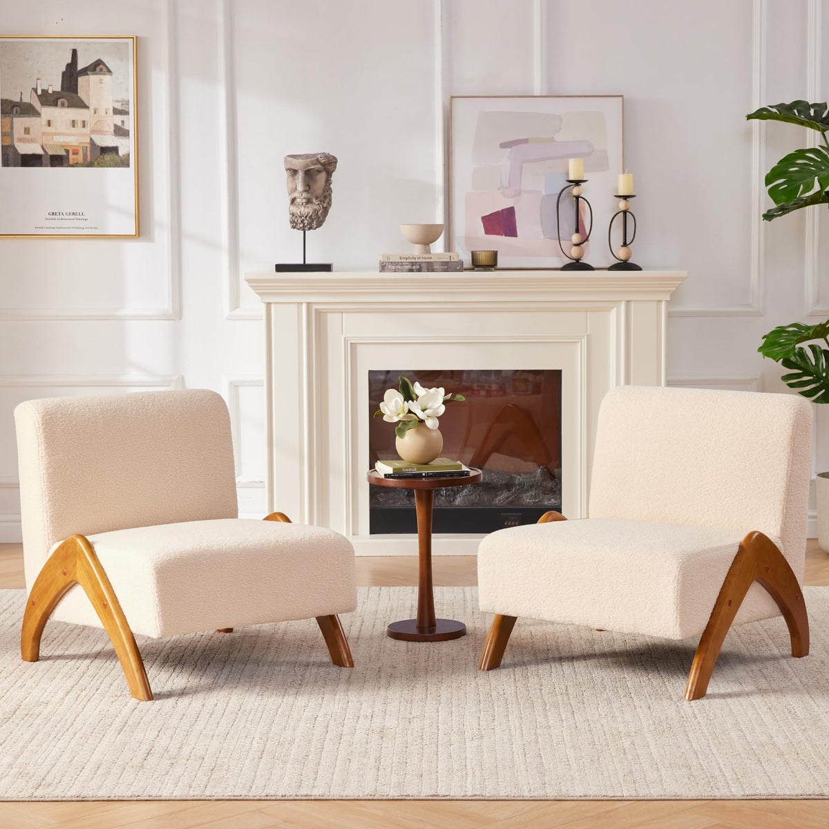 MILCIL Oversized Accent Chair, upholstered armless mid Century Modern Living Room Chair with Wooden Legs for Bedroom/Office/Cafe, Sherpa Beige