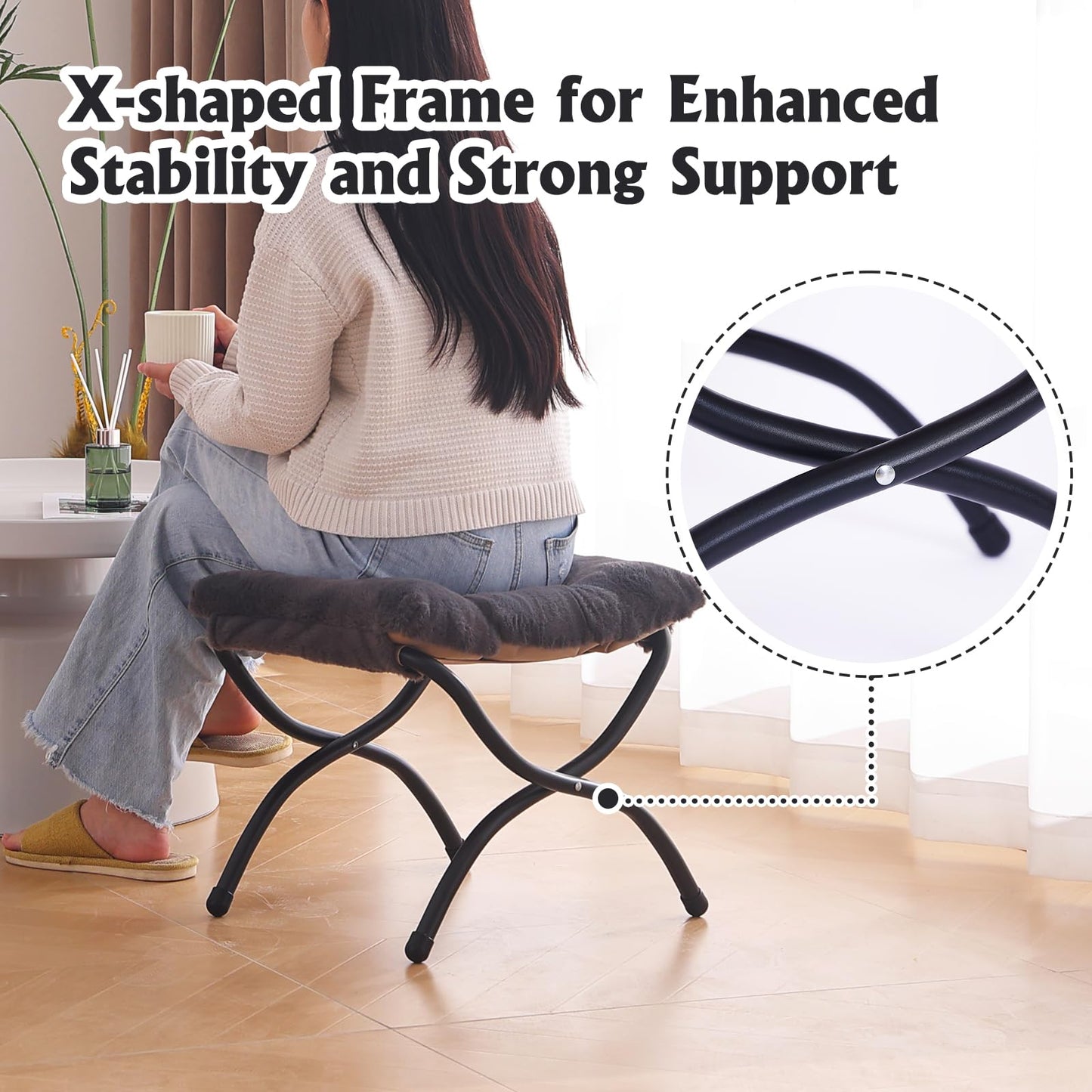 Welnow Folding Foot Stool, Upholstered Small Accent Ottoman with Detachable Thick Cotton Cushion Padded Sofa Stool and Metal Frame for Lazy Chair, Living Room, Bedroom, Plush Black