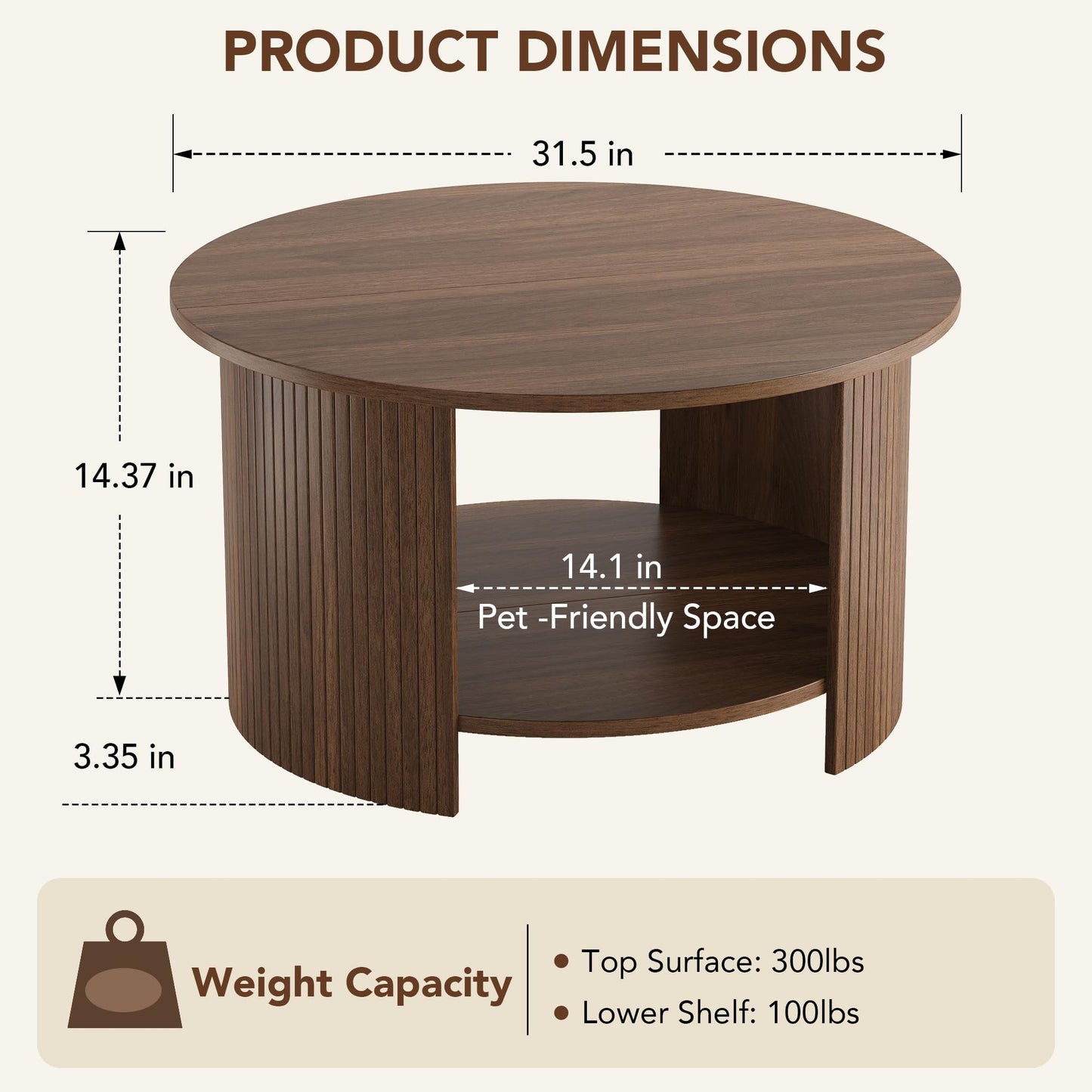 OneBlis Round Coffee Table with Storage, 31.5" Modern Fluted Center Table, 2-Tier Mid Century Coffee Table, Wood Circle Table for Living Room, Home Office, Small Space, Walnut