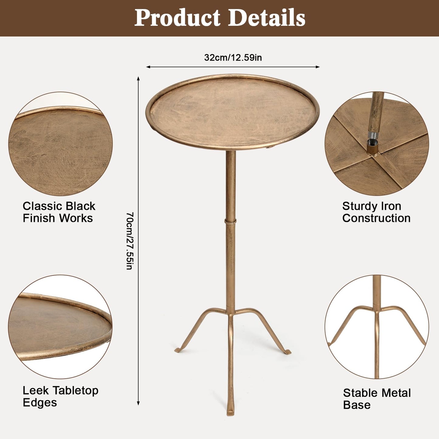 SUJUN Metal Martini Side Table, Antique Brass – Compact Art Deco Design, Raised Edge, Easy Assembly, 12.5" Diameter, 27.5" Height, Stylish and Functional Cocktail Table