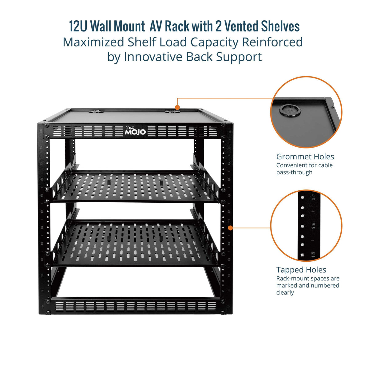 Tecmojo 12U Open Frame Network Rack for IT & AV Gear, AV Rack Floor Standing or Wall Mounted,with 2 PCS 1U Rack Shelves & Mounting Hardware,Network Rack for 19" Networking,Audio and Video Device