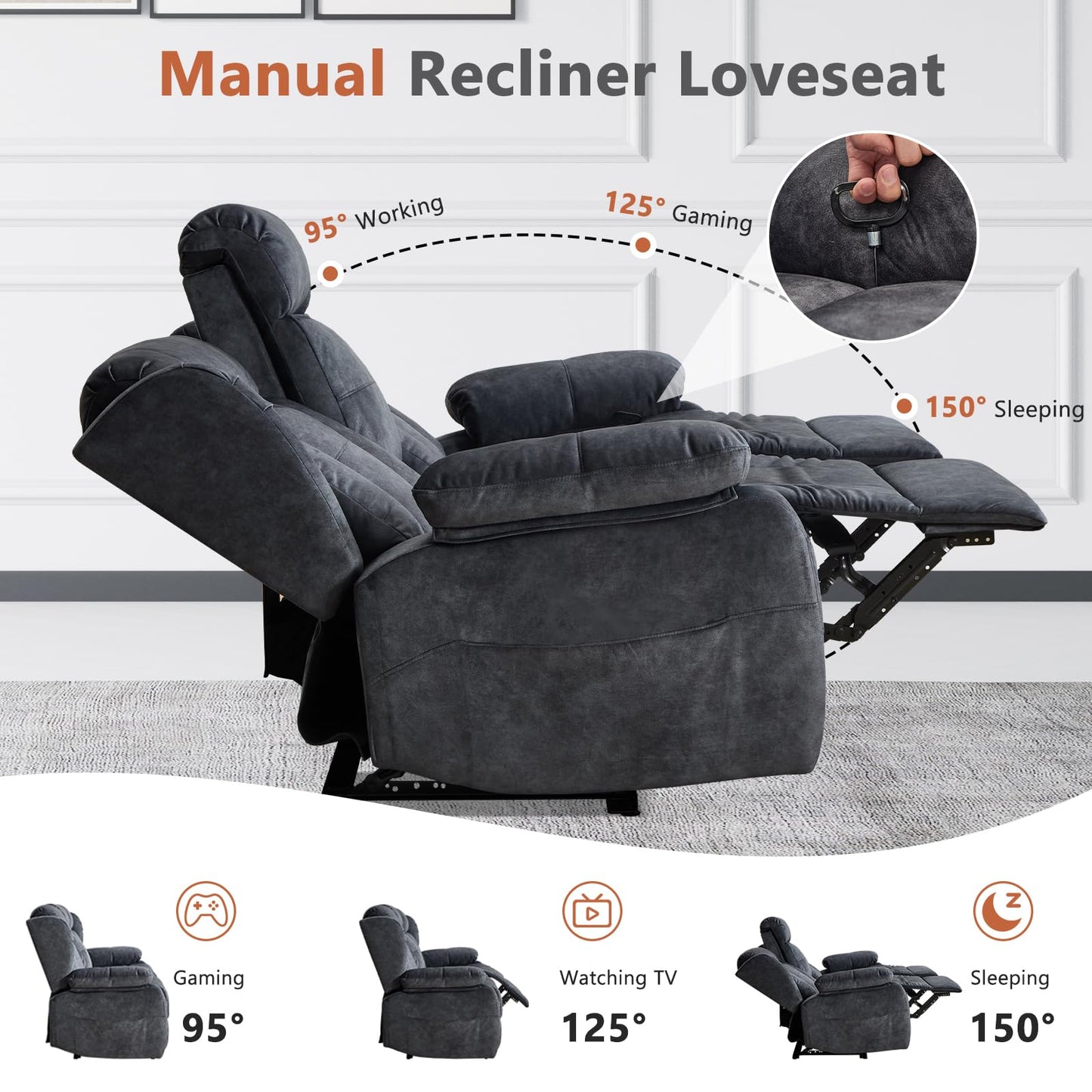 AHMED Loveseat Recliner Sofa with Console, Manual Reclining Loveseat RV Couch with Cup Holders/Side Pocket/Padded Armrest Cushion for Living Room, Velvet, Grey