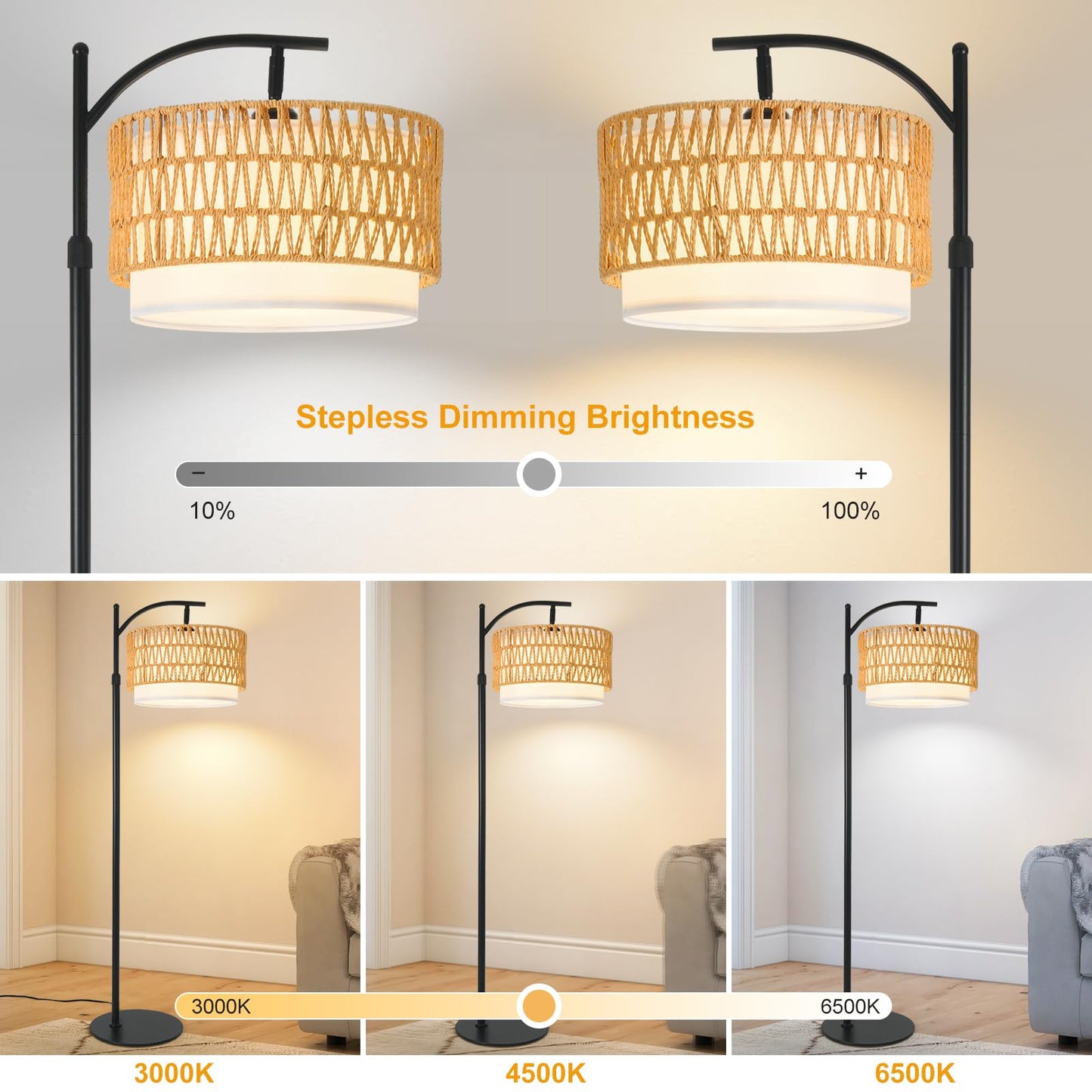 DRAWNCAT Rustic Black Farmhouse Floor Lamp with Woven Rattan Shade - 12W LED, Remote & Dimmable 3-Color Temp, Tall Standing Lamp for Living Room