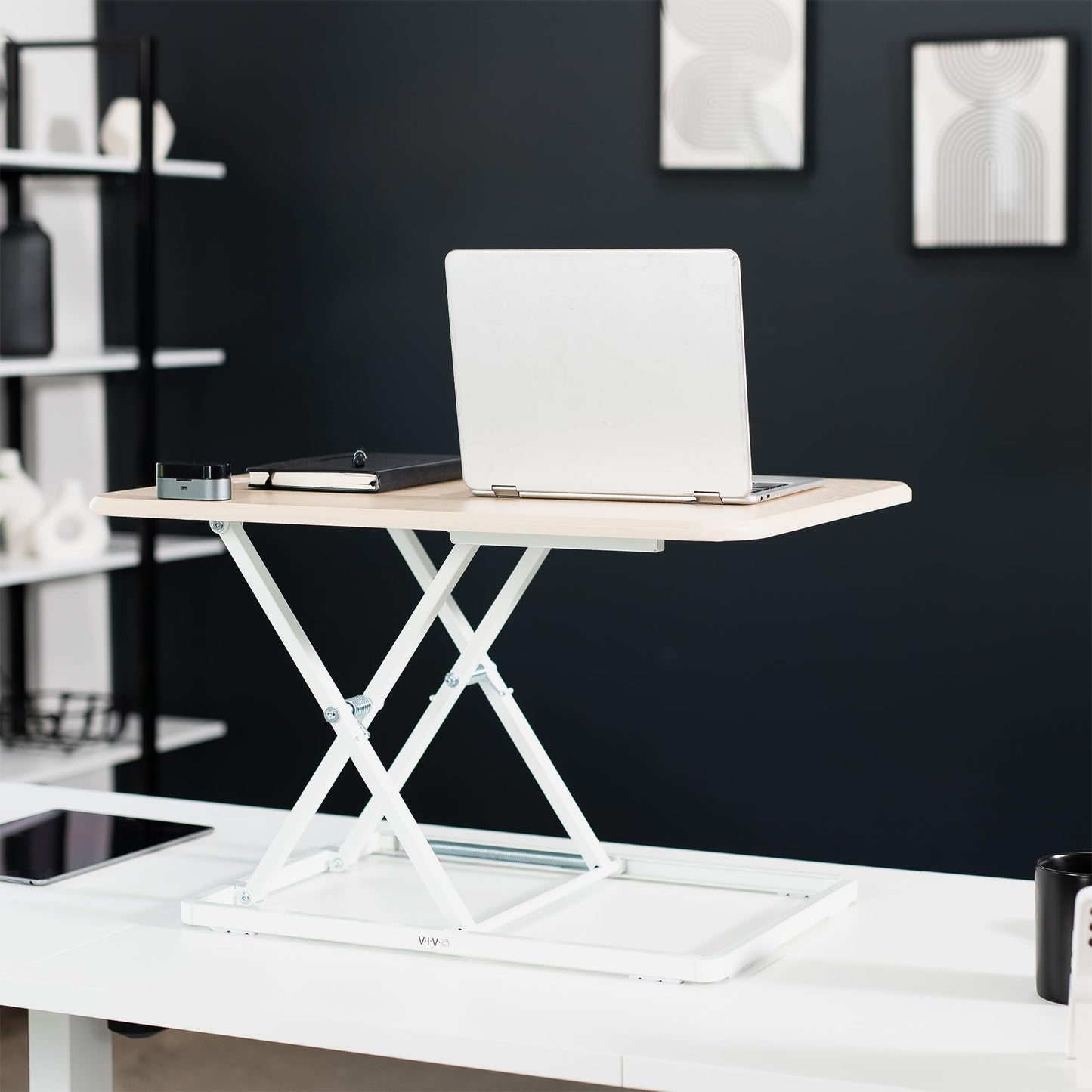 VIVO Ultra-Slim Single Top Height Adjustable Standing Desk Riser, Compact Sit Stand Desktop Converter for Monitor or Laptop, Light Wood, DESK-V001JF