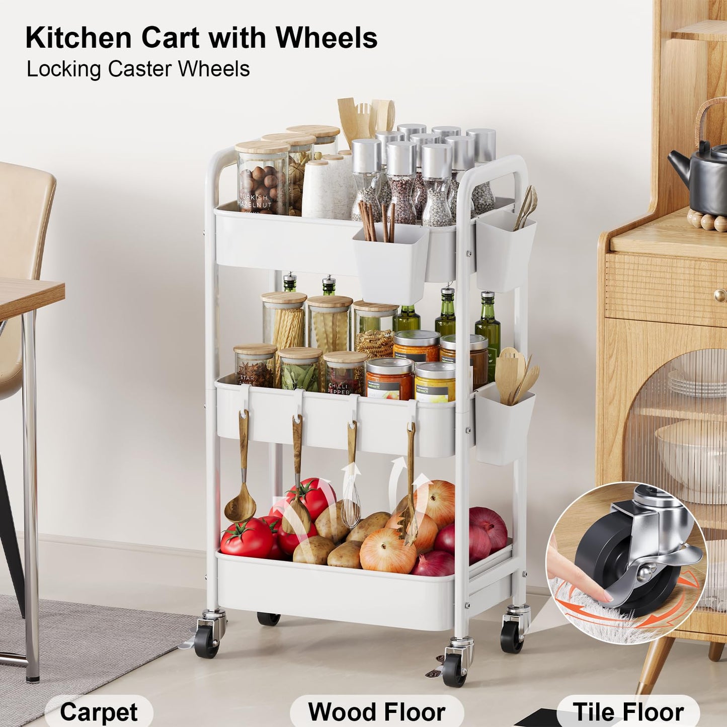 3 Tier Rolling Cart with Wheels, Metal Utility Storage Cart on Wheels, Craft Carts Organizer with Hanging Cups, Hooks, Three Tiered Rolling Carts for Bathroom, Laundry Room, Nursery, Office, White
