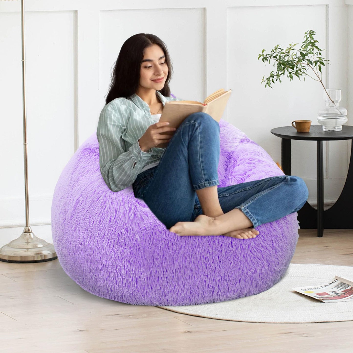 Lavender shaggy bean bag chair covers (No Filler), comfy Faux Fur Lavender bean bag chair Cover for bedroom, stuffed animal Storage, kids adults teens girls bean bag chairs, Anti-Slip