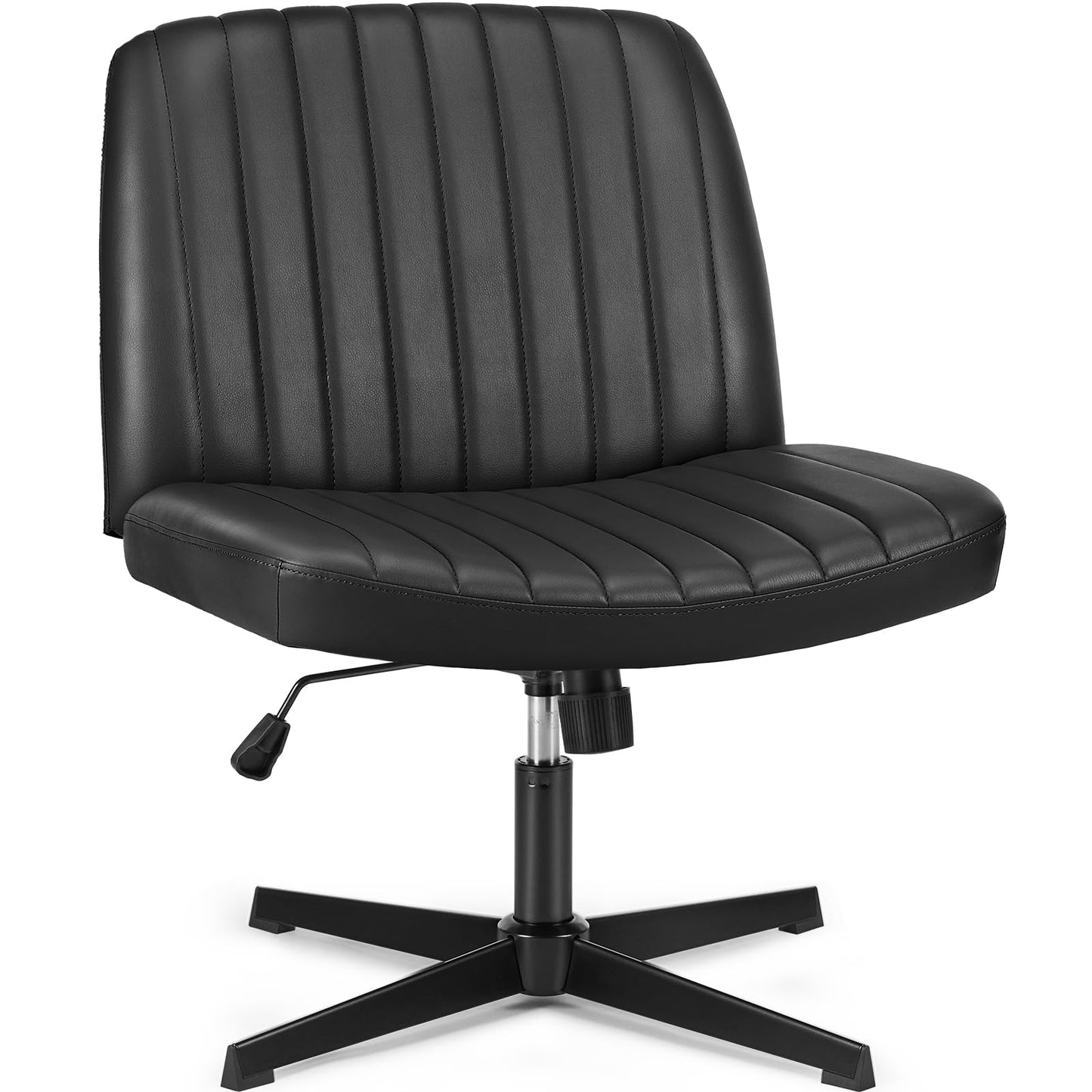OLIXIS Criss Cross Legged Chairs No Wheels, Wide Seat Height Adjustable Swivel Chair,Padded PU Leather Armless Desk Chair for Home Office Bedroom, Student, Study Room,Black-Pu