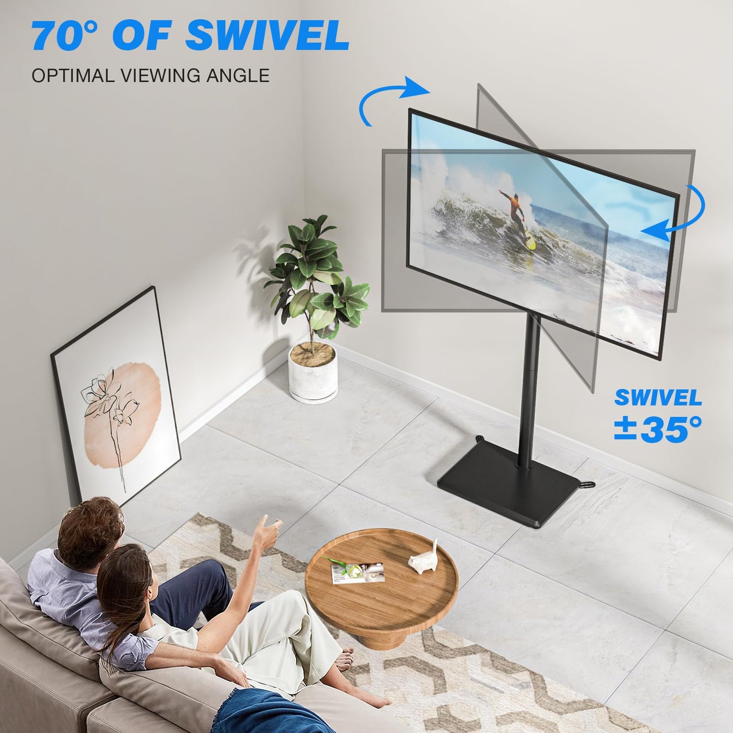 Rfiver Swivel Floor TV Stand with Mount for 32-65 inch TVs up to 88 lbs, Height Adjustable Tall TV Stand with Wood Base, Saving Space Design for Bedroom, Living Room and Corner, Max VESA 400x400mm