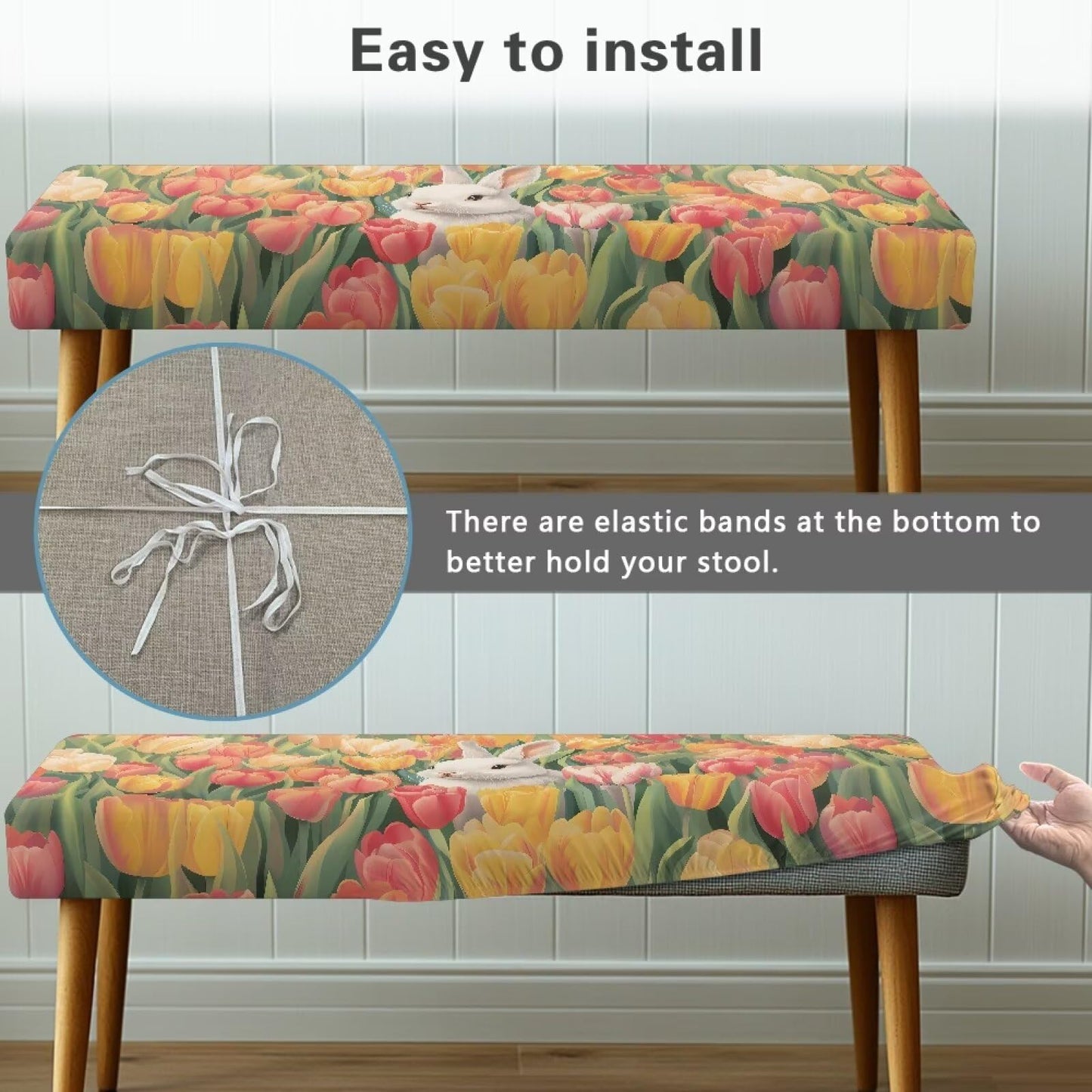 Cugasmaru Dining Bench Cushion Stretch Anti Slip Grip for Kitchen Counter Breakfast Nook Living Room Rabbit Tulip Waterproof