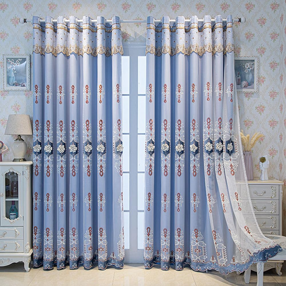 Amidoudou 1 Pair European Double Layer Curtains with Valance for Living Room Bedroom Luxury 3D Flower Embroidered Curtains (Blue,63x96 Inch)