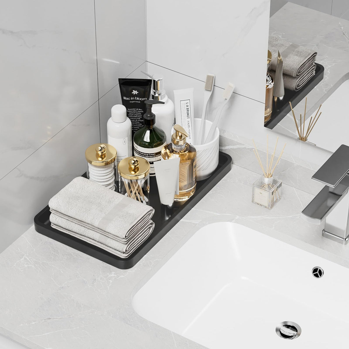 Weenson Black Bathroom Vanity Tray for Countertop Decor Perfume Makeup Toiletries Toilet Tank, Large Bamboo Kitchen Tray for Spice Salt, Serving Tray for Food Coffee, Nightstand Candle 14.2”x8.3”