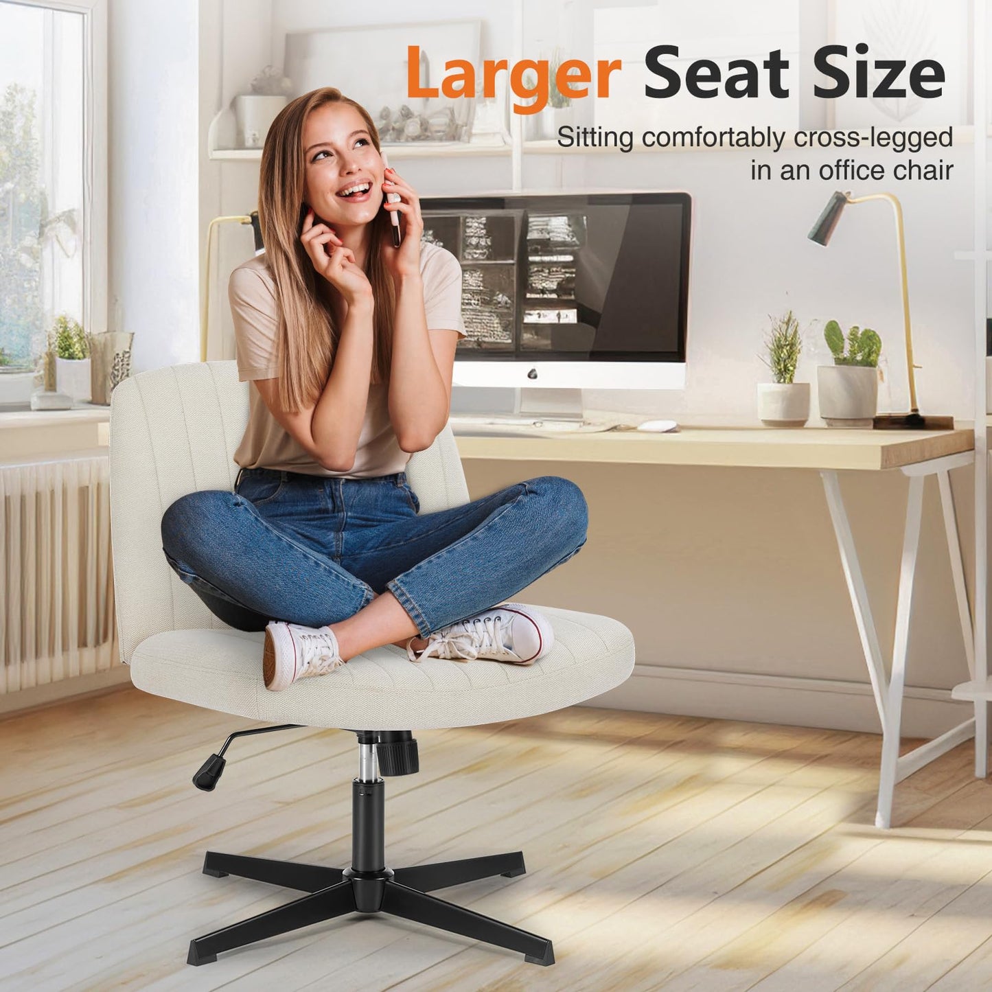 Sweetcrispy Criss Cross Chair Legged, Armless Office Swivel Desk Chair No Wheels, Vanity Height Adjustable Wide Seat Comfy Cute Computer Task Seating for Home Bedroom