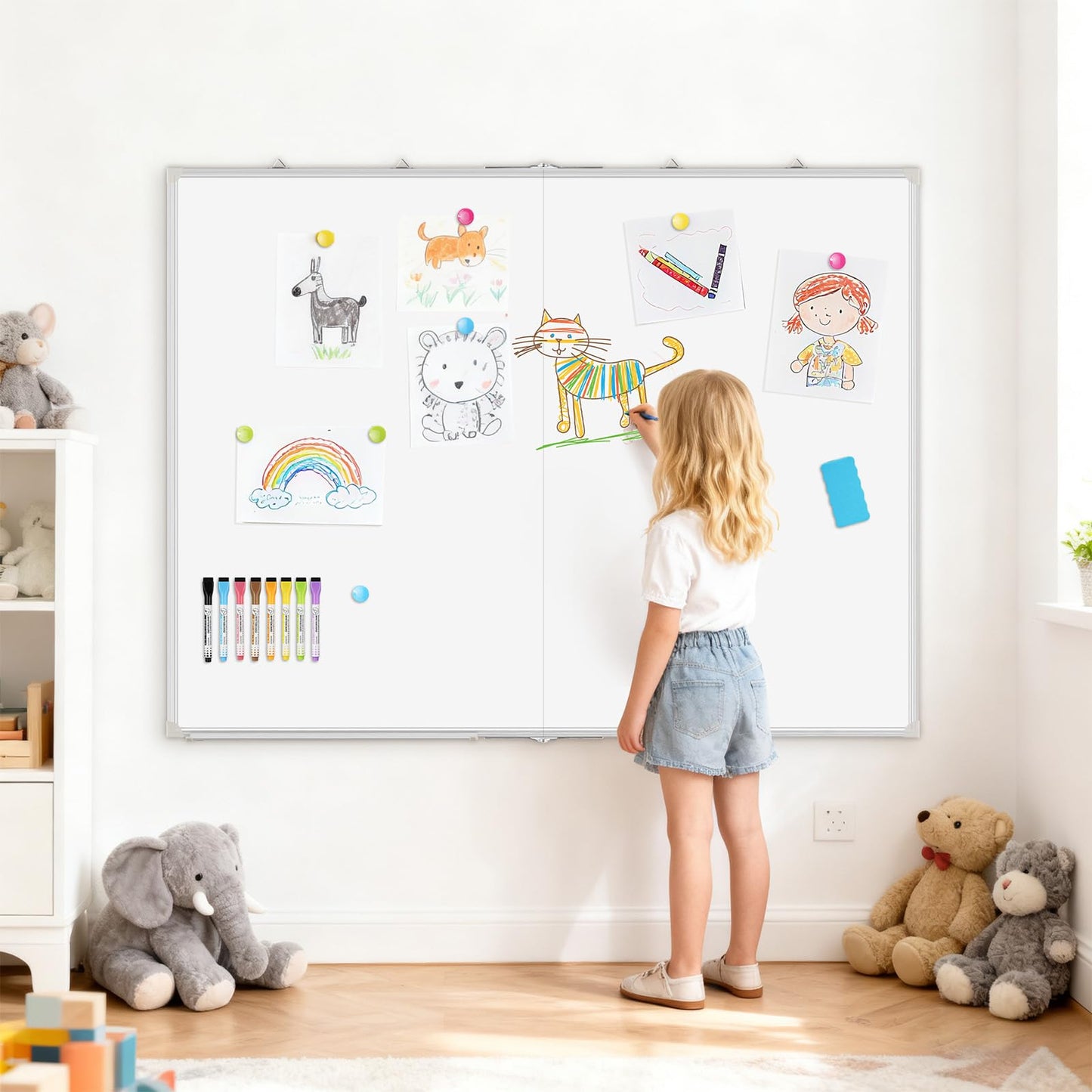 AMUSIGHT 60" x 36" Double-Sided Large White Board, Foldable Magnetic Whiteboard Dry Erase Portable Wall Hanging Whiteboards for Home, School, Office