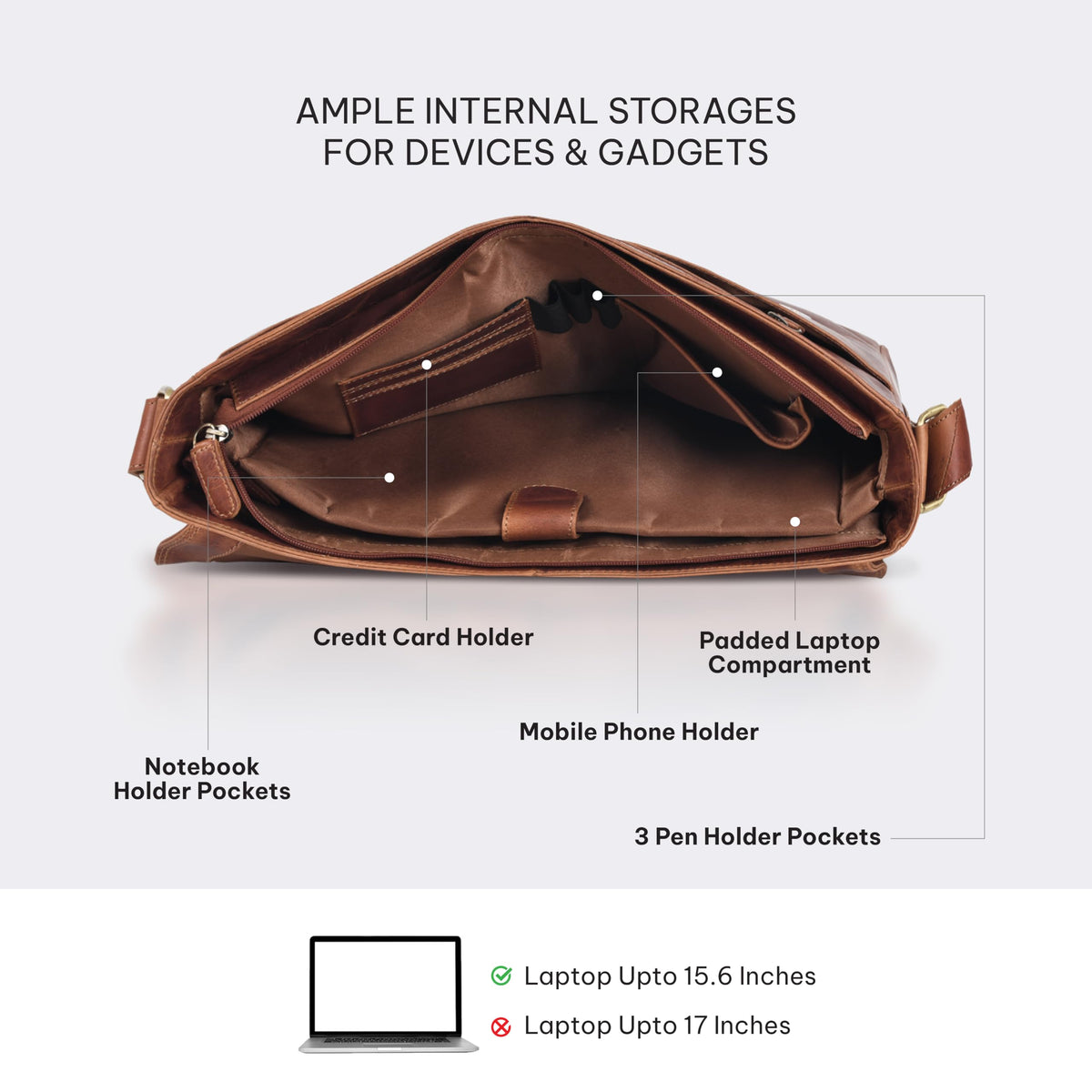 VALENCHI 15" Full Grain Leather Laptop Messenger Bag For Men & Women - Padded 15.3" Laptop Compartment, Ample Storage & Pockets, Premium Natural Leather (Cognac Vintage)