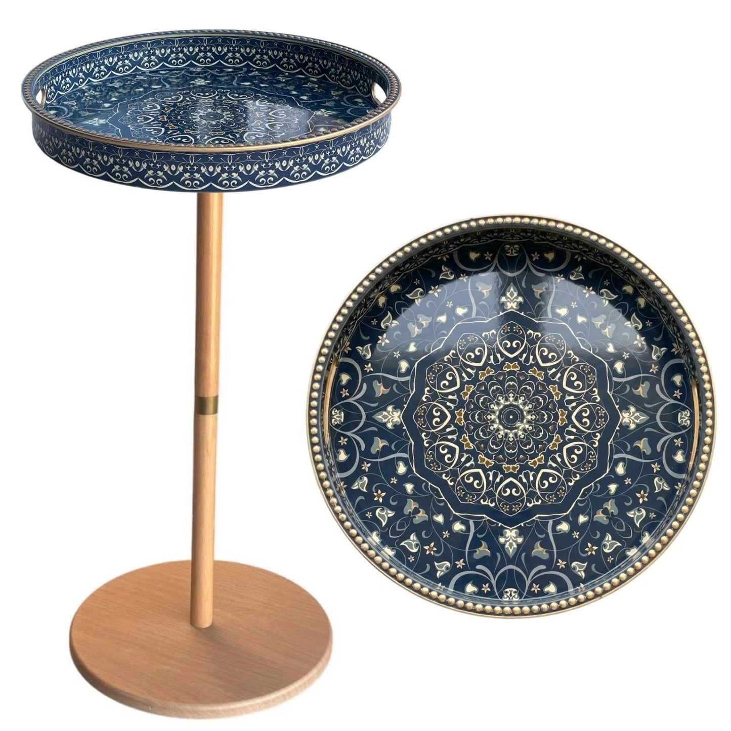 Gesodant Boho Single Leg Round Side Table with Tray Top, Pedestal Drink Table for Small Spaces, Aesthetic Accent Nightstand for Living Room, Bedroom, Corners, and Office (Yellow Leg Blue Maze)