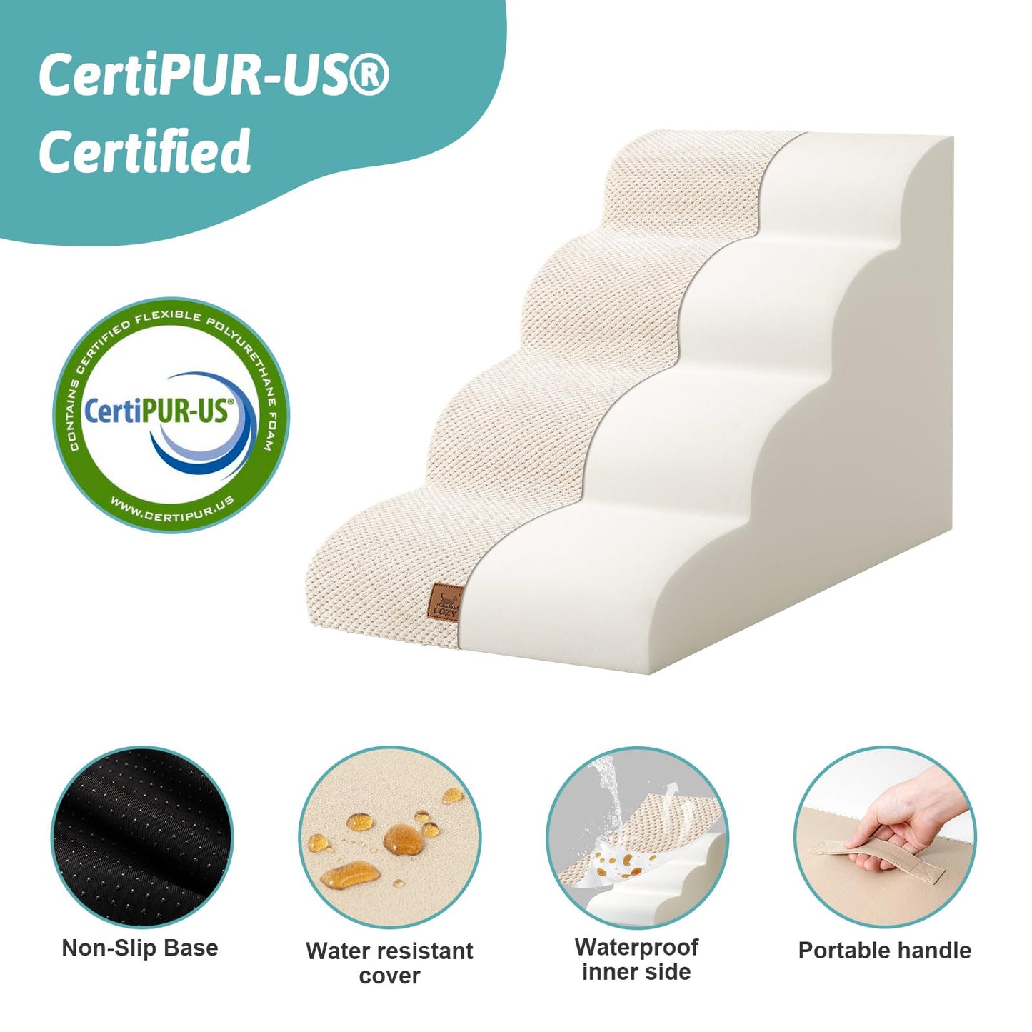 COZY KISS Dog Stairs for Small Dogs 19.7" H, Curved Dog Step for Puppy, Older or Cat, Medium Pet Ramp for Sofa, Couch or Bed, Ladder with High Density Foam, 4 Step, 15.7x28.3x19.7 inch, Beige