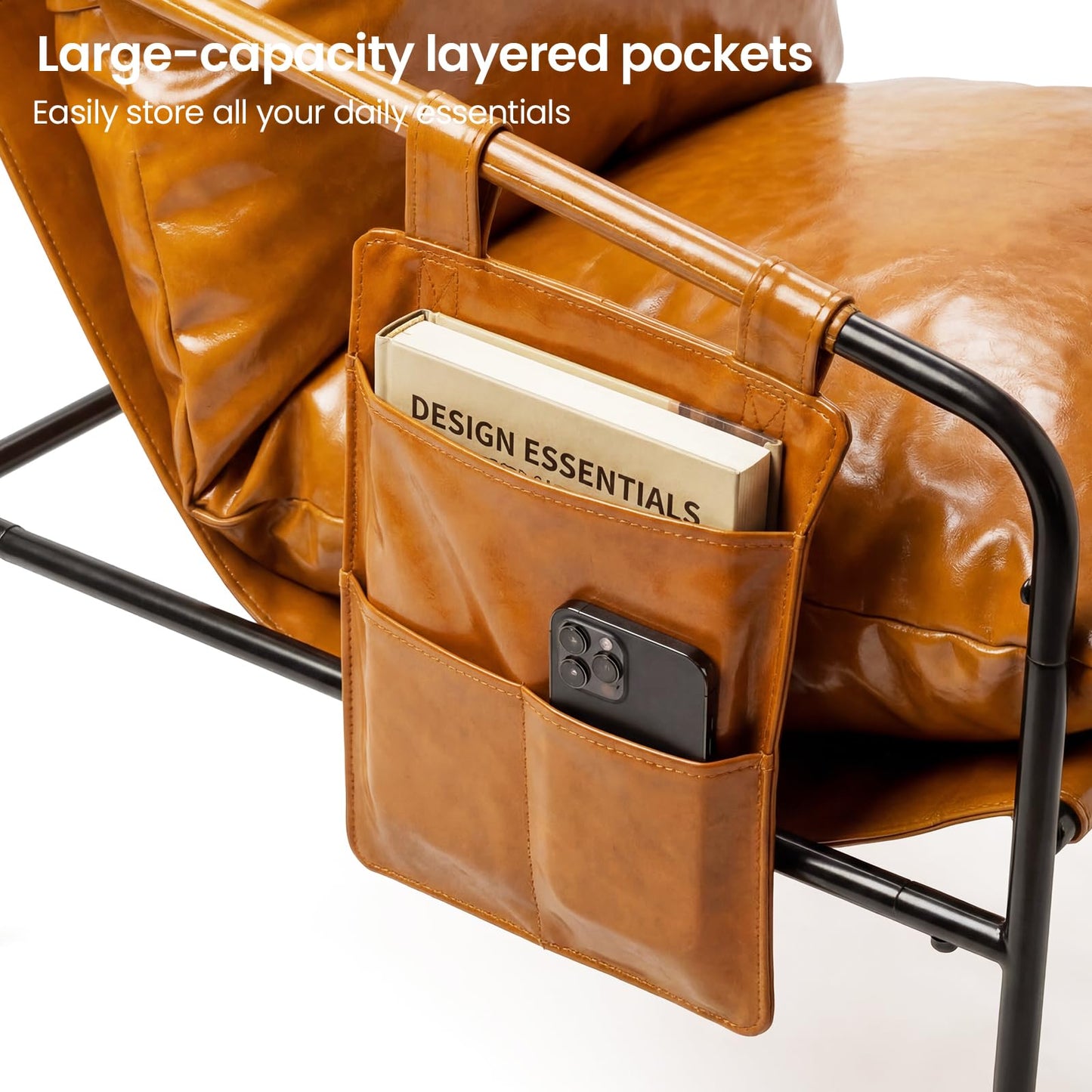 Modern Bright Orange Oversized Faux Leather Chair, Recliner Armchair, Comfy Accent Chair with Sturdy Metal Frame, Armrest bag, Indoor Outdoor couch sofa Chair for Living Room Bedroom Patio lounge