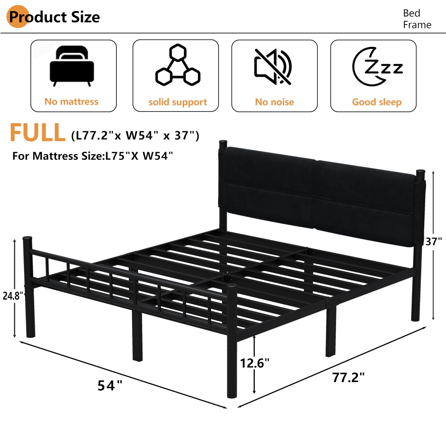 Henshwon Metal Bed Frame,14Inch Full Bed Frame with Headboard,Heavy Duty Sturdy Mattress Foundation,Easy Assembly,No Box Spring Needed,Black Full Size