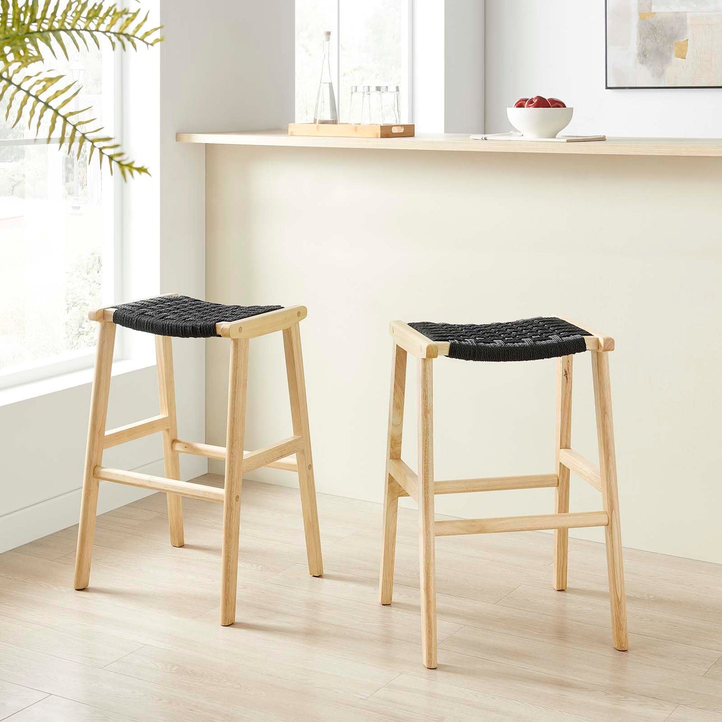 Modway Saoirse Woven Rope Wood Bar Stool - Set of 2 in Natural Black