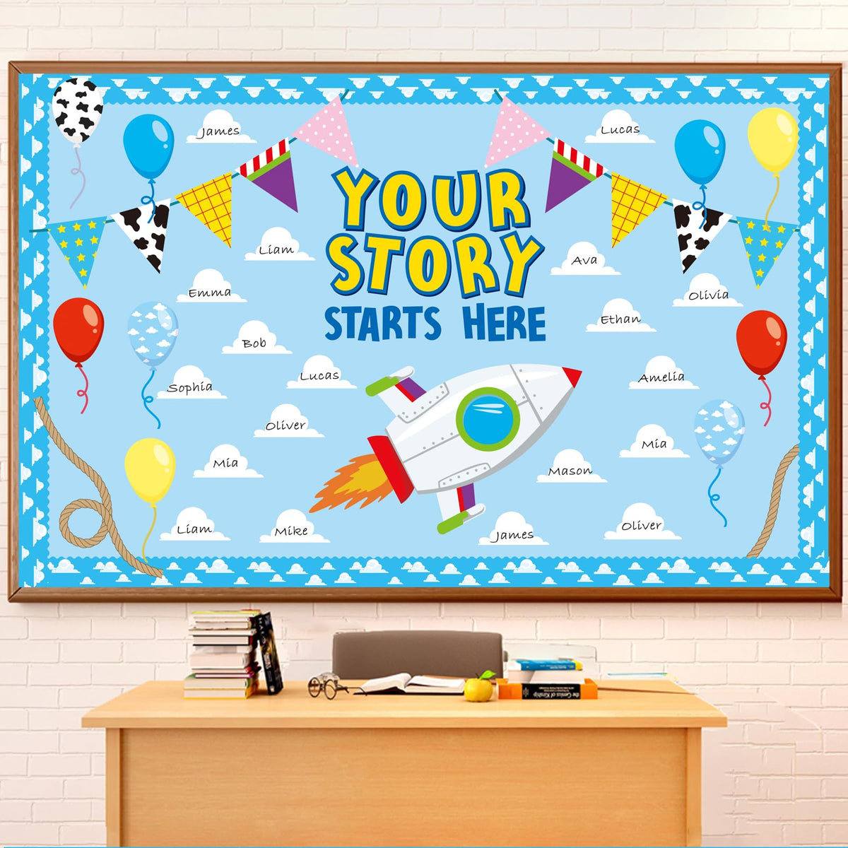 Cartoon Bulletin Board Decorations Set with Borders Blue Sky White Cloud Cutouts Decor for Teachers Back to School Bulletin Board for Class School Classroom Chalkboard Wall Decor